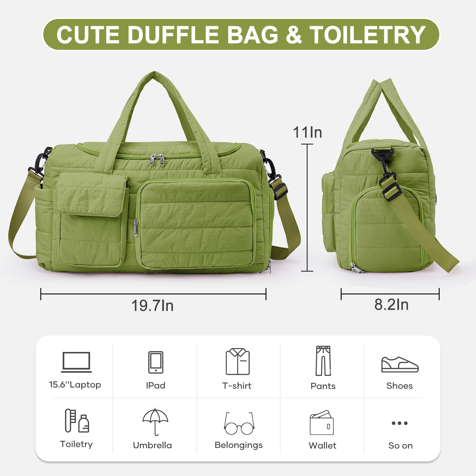 Kleine Sporttasche für Damen, Reisetasche, Handgepäck, Wochenendtasche mit Schuhfach, Grün, Small to Medium, Stylischer Turnbeutel
