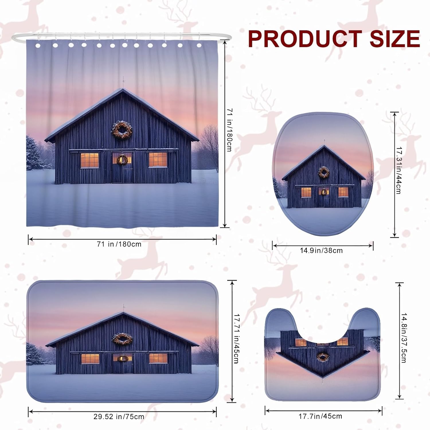 4PCS Winter Farmhouse Christmas Bathroom Sets with Non-Slip Rug, U Shape Toilet Lid Cover Mat, Barn Xmas Landscape Bathroom Decoration 72''x72''