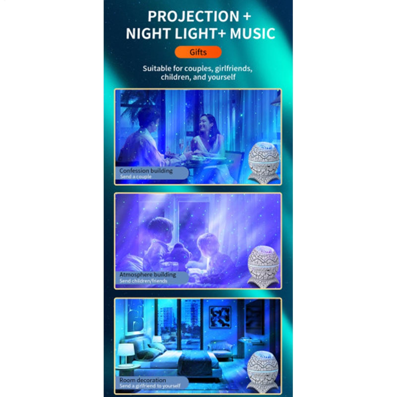 Proyector Huevo Dino Lámpara Nocturna con Música y Proyección Estrellada | Luz Nocturna Musical de Huevo Dino para Dormitorio Infantil Relajante Proyector de Estrellas