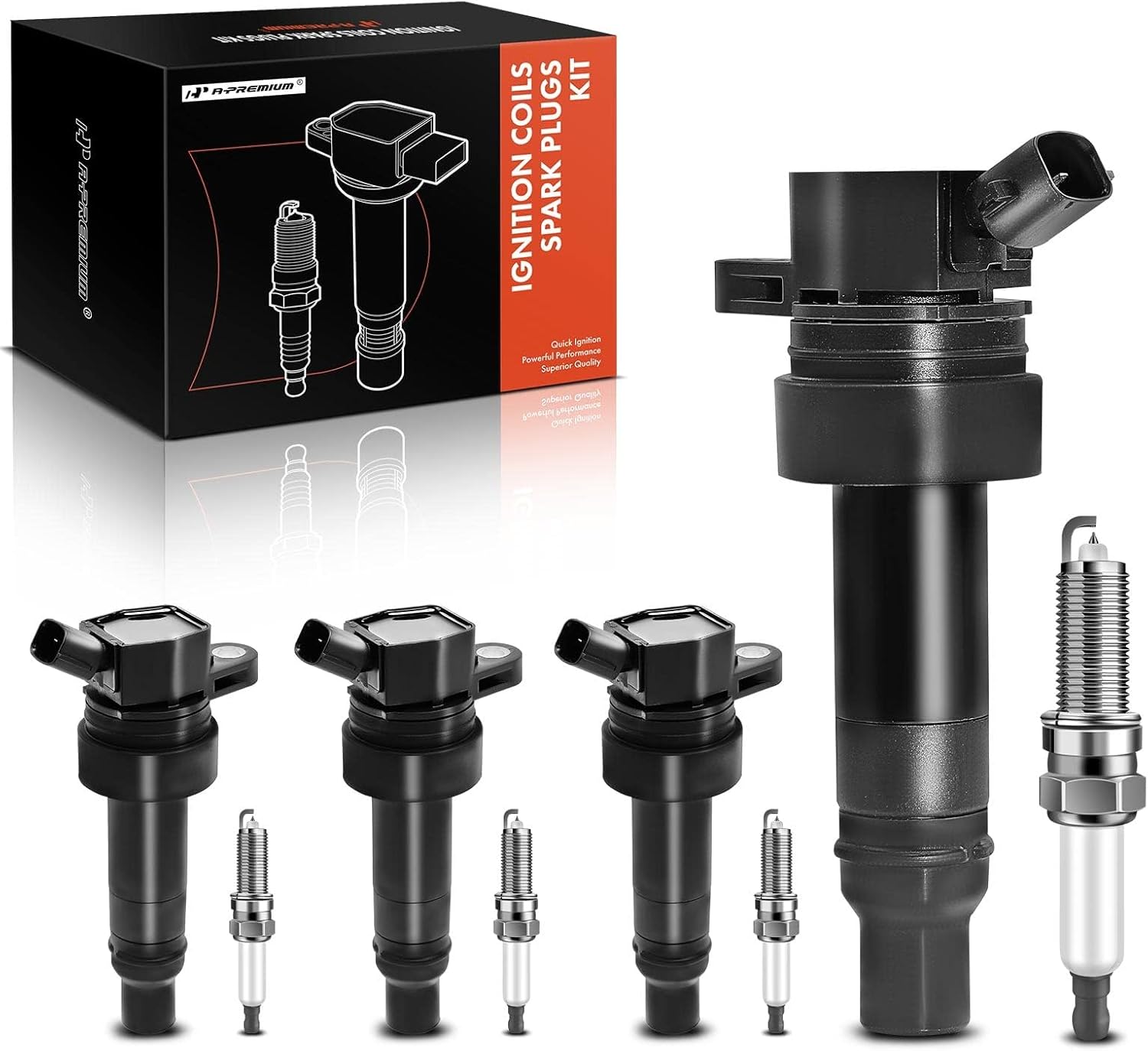 A-Premium Set of 4 Ignition Coil Pack and Iridium Spark Plugs Compatible with Hyundai Veloster 2014-2015 & Kia Forte Koup 2014-2015, Forte5 2014-2015, 1.6L