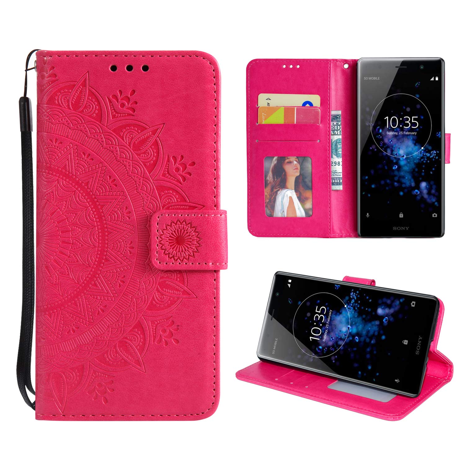 Mistars PU Leather Flip Wallet Case for Sony Xperia XA2 Ultra,Tribal Mandala Flower Pattern Embossed Full Body Protection with Card Holder Magnetic Closure and Inner Soft TPU Bumper,Red