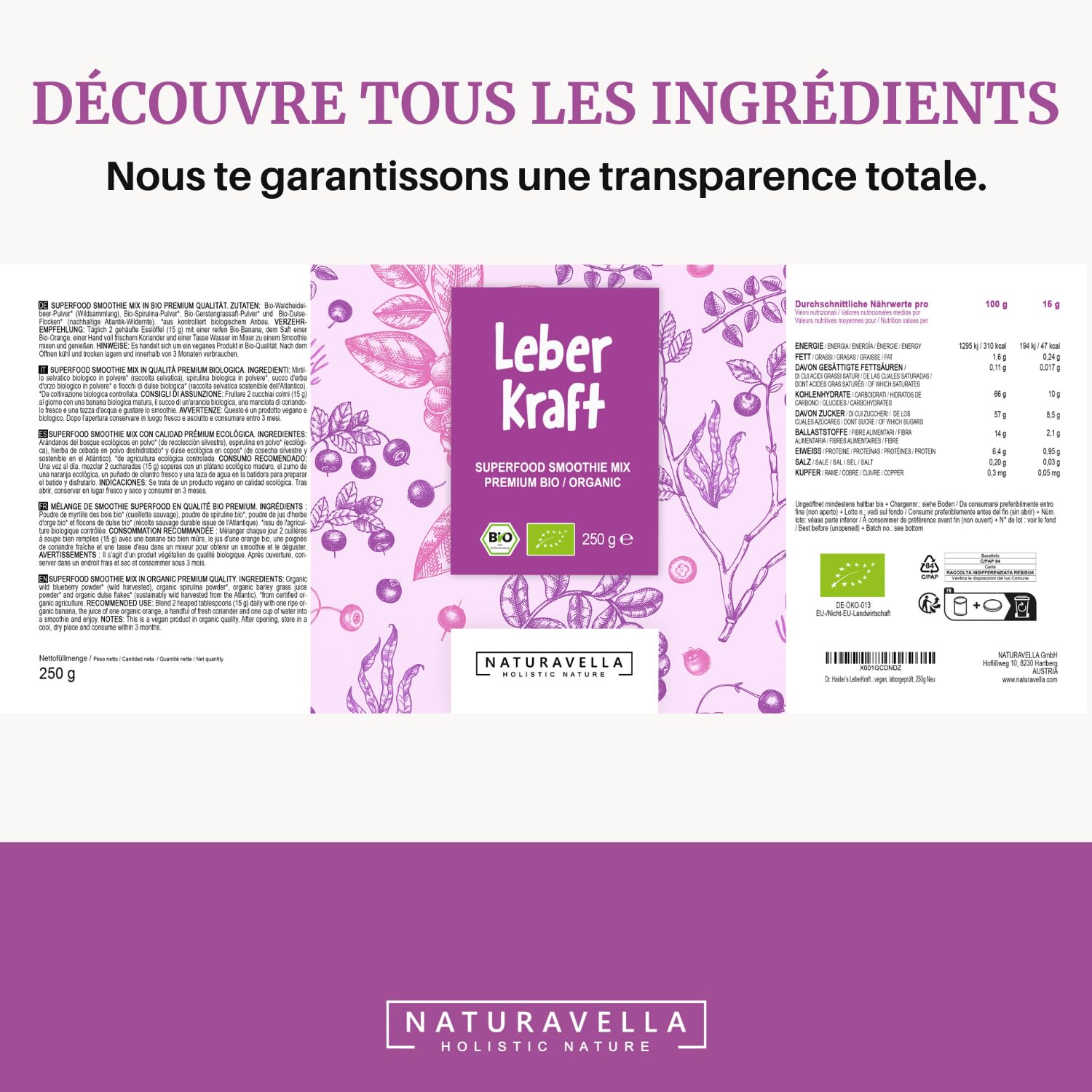 Dr Haider's LeberKraft® Mélange pour smoothie aux superaliments Heavy Metal Bio Premium | Recette originale selon Anthony William (Méd. Médium) - végan, testé en laboratoire, 250 g