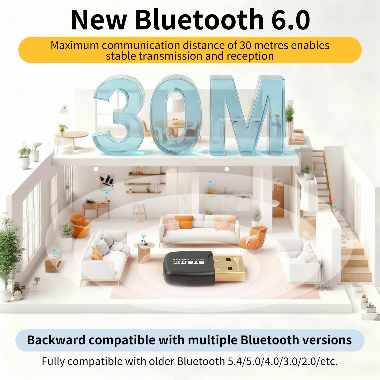 Adaptateur Bluetooth USB 6.0 EDR & BLE pour PC Design compact Plug & Play Compatible avec Windows 8.1/10/11 Récepteur Bluetooth et émetteur pour clavier/souris/casque/haut-parleurs/imprimante