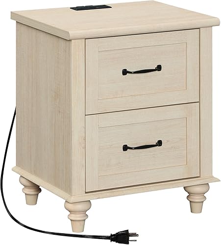 Miniatura 45 de WAMPAT Mesita de noche con estación de carga, mesa auxiliar de granja para sala de estar con 2 cajones, mesita de noche de madera natural para