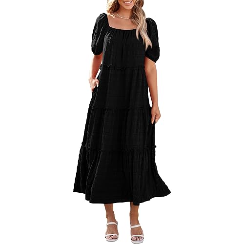 PRETTYGARDEN Women's Summer Maxi Dress Short Sleeve Square Neck Ruffle Tiered Flowy Casual Boho Long Dresses with Pockets