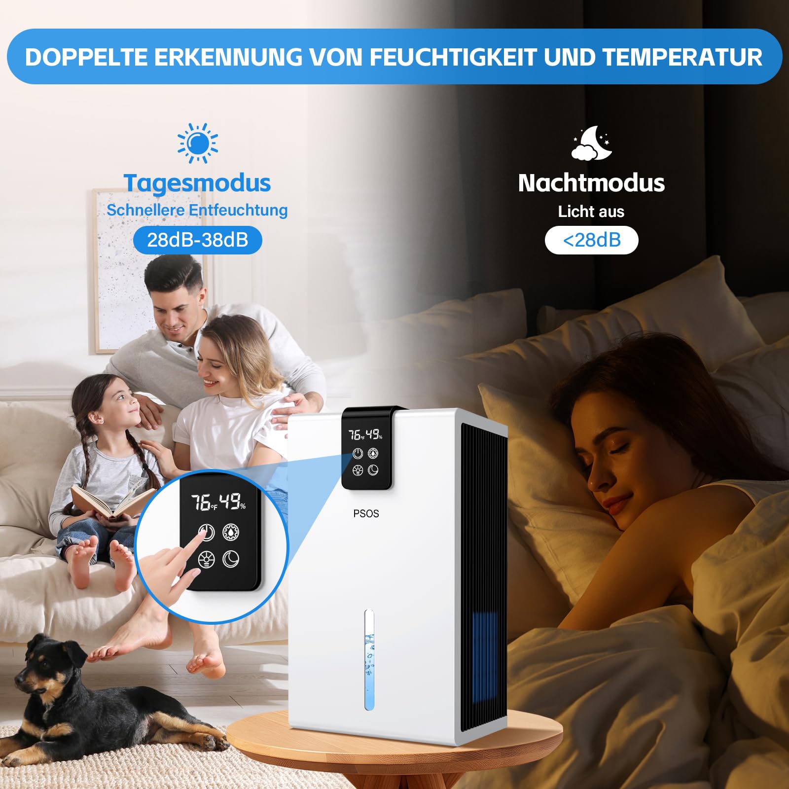 PSOS Luftentfeuchter, 2800ML Elektrischer Luftentfeuchter mit Ultra-Leise Automatischer Abschaltung, 7 Farben Licht Entfeuchter für Keller Badezimmer, Raumentfeuchter Dehumidifier für Schlafzimmer