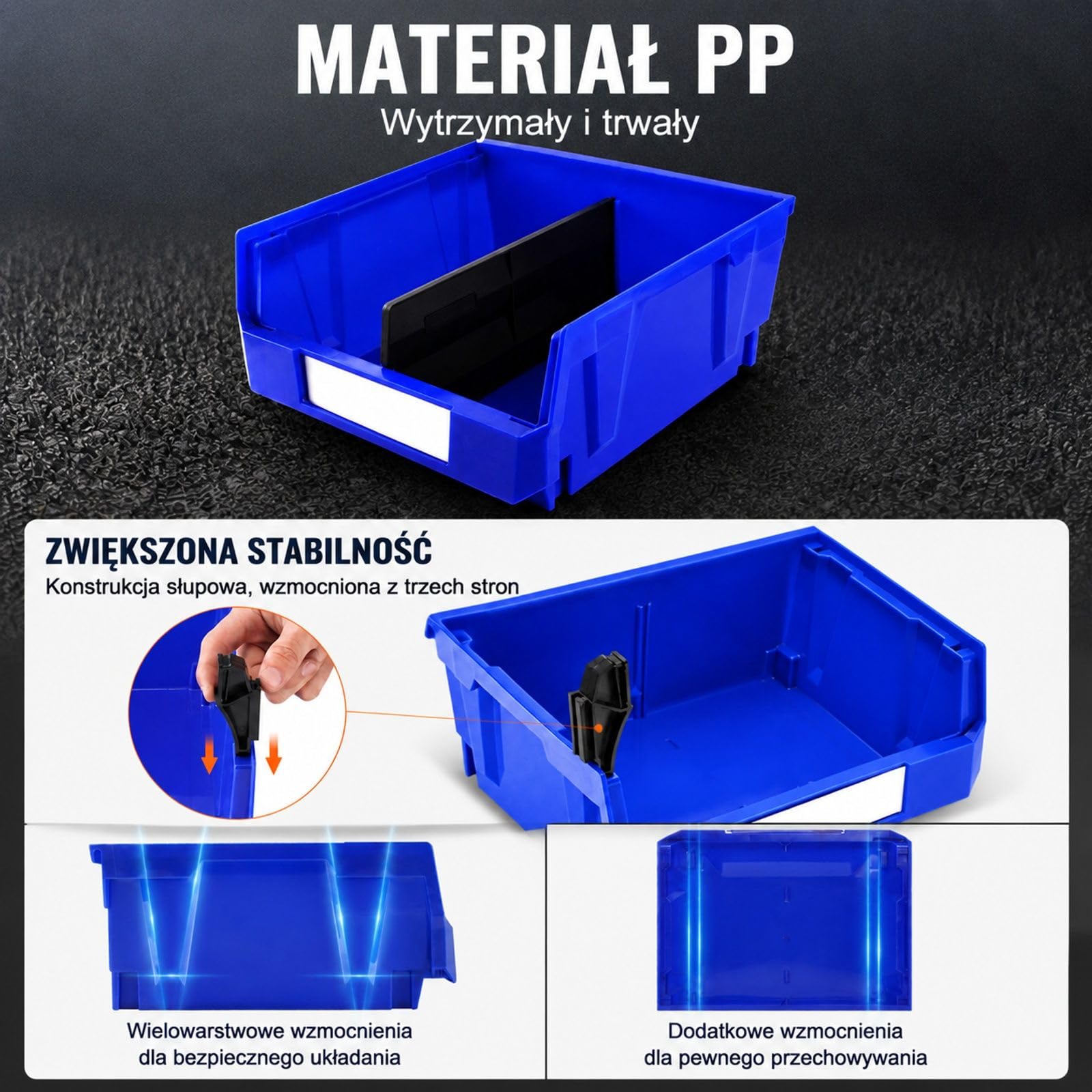Zestaw 6 plastikowych pudełek do przechowywania, składanych, niebieskich i czerwonych, z otwartym przodem do regału
