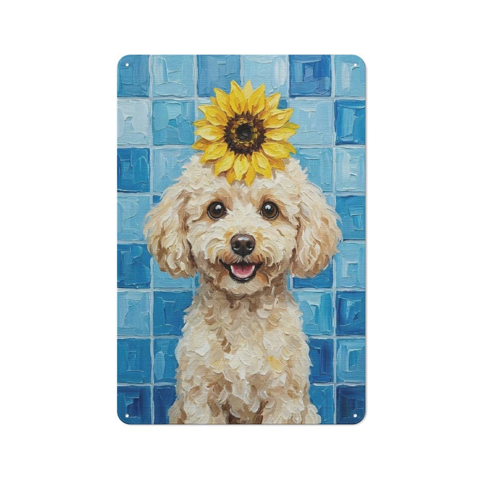 Junmoney Style-6 Character Decorative Tin Plaque 30X20cm Featuring Poodle With Sunflower Hat, Home Wall Decor For Flat, Dorm Room, Lounge Or Cafe