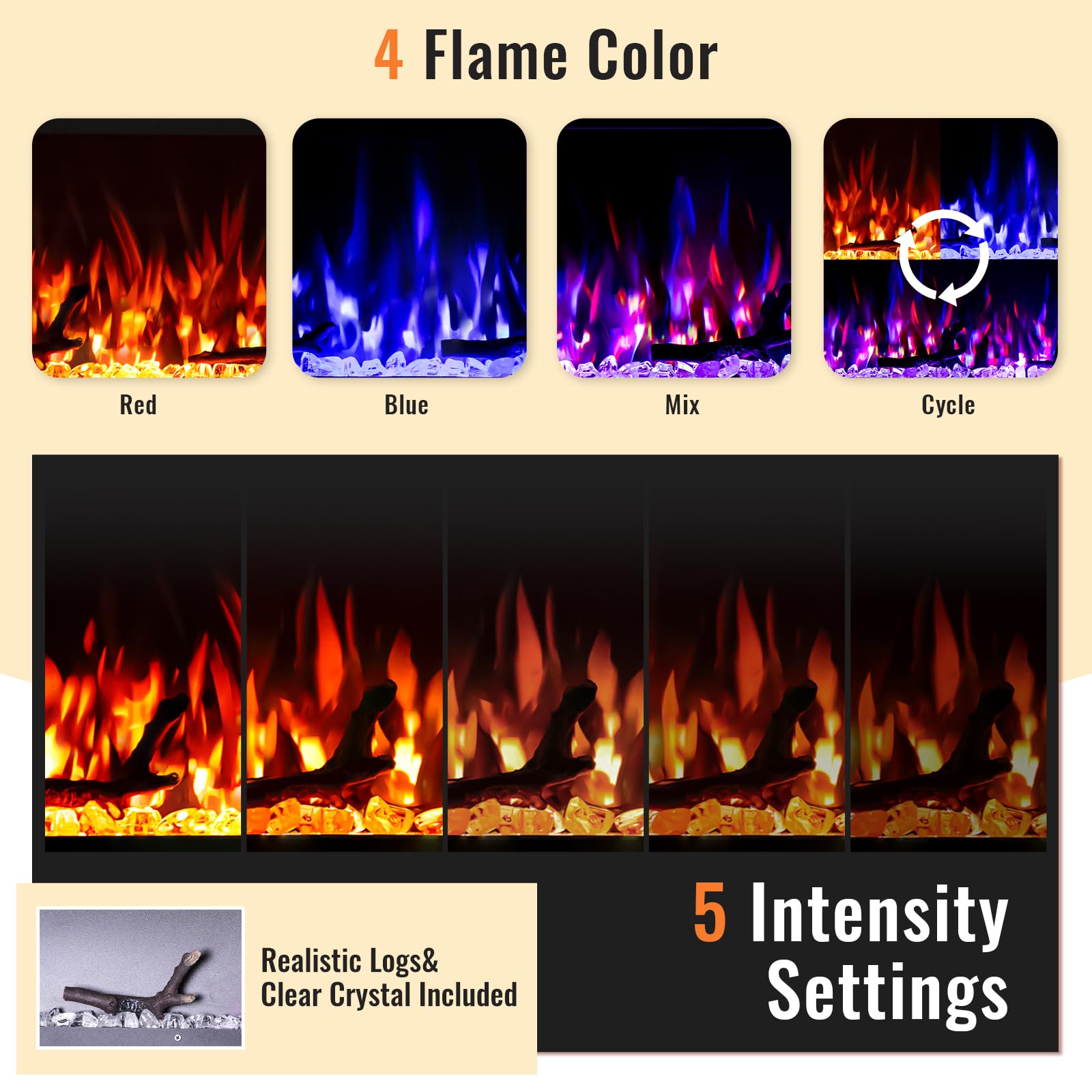 Chimenea eléctrica de 60 pulgadas, chimenea ultrafina montada en la pared con control remoto, llama realista multicolor, pantalla táctil, termostato, temporizador, 750 W/1500 W (tronco y cristal 2