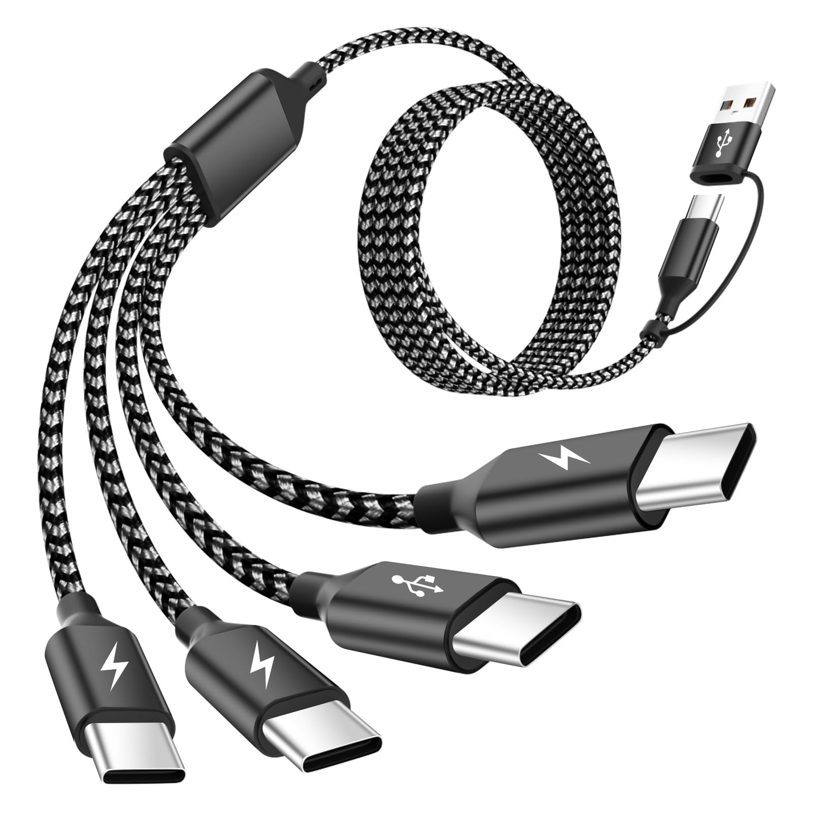 Cavo di ricarica multi splitter USB C, 1 confezione, cavo di ricarica USB A/C a USB C, cavo di ricarica doppio tipo C, cavo di ricarica multi 4 in 2 con 4 connettori di tipo C compatibile con iPhone