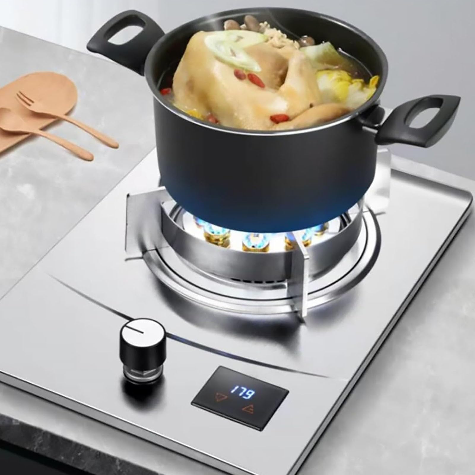 THEGA Estufa De Gas Butano 7,0 Kw, Estufa De Gas De 1 Quemador, Estufa De Gas De Horno De Acero Inoxidable, Cocinas De Gas De Escritorio E Integradas, Estufa De Gas De Tiempo Inteligente(LPG)