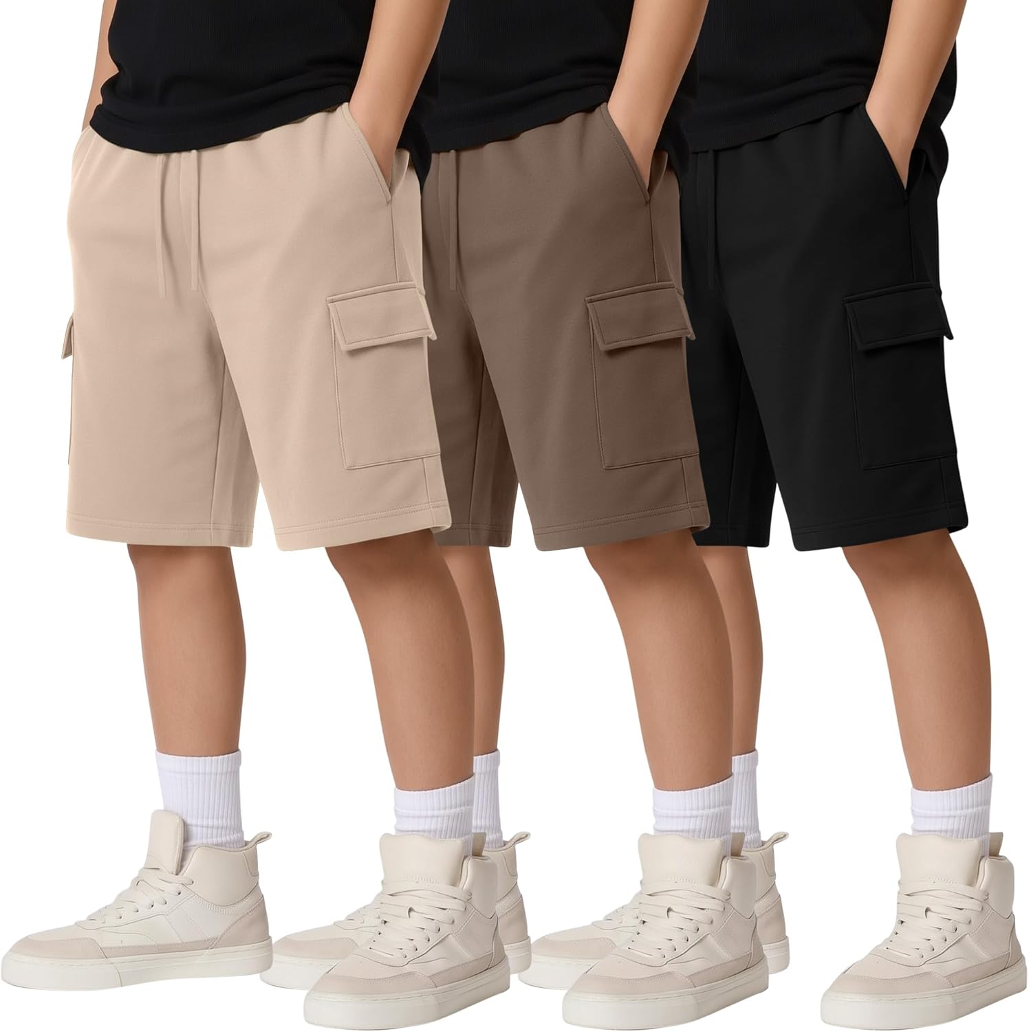 3 Pcs Boys Cargo Shorts Drawstring Elastic Waist Athletic Basketball Lightweight Sweat Short with Multi Pocket 5-16Y