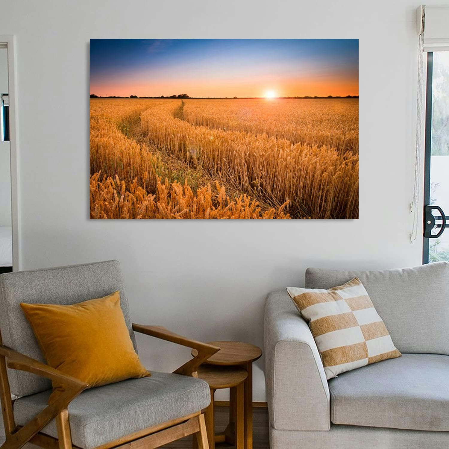 Wheat Harvest Field Canvas Wall Art - Rustic Landscape Painting For Living Room Decor