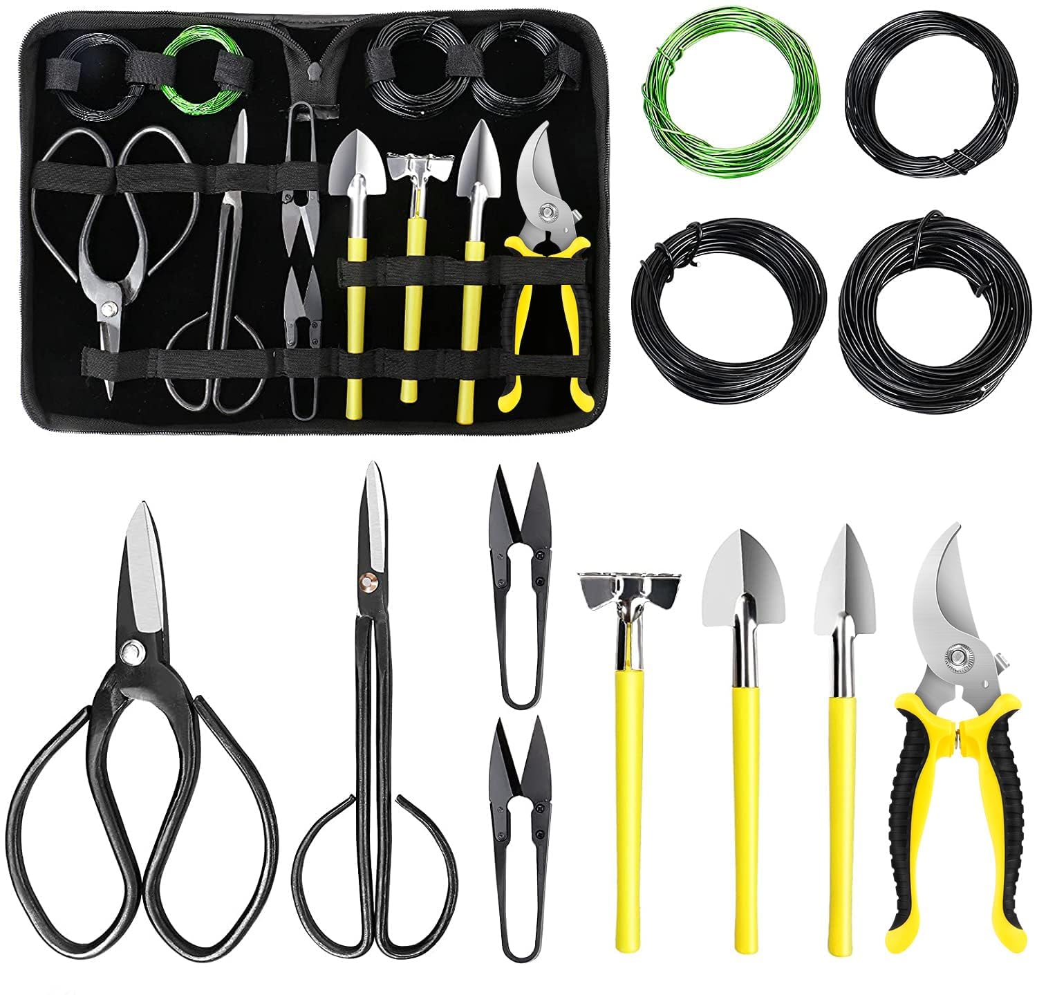 Set di 13 Attrezzi Bonsai, Set di Attrezzi da Giardinaggio che Include Forbici Potatura, Forbici Bonsai, Mini Rastrello, Pala a Punta Tonda, Filo Bonsai