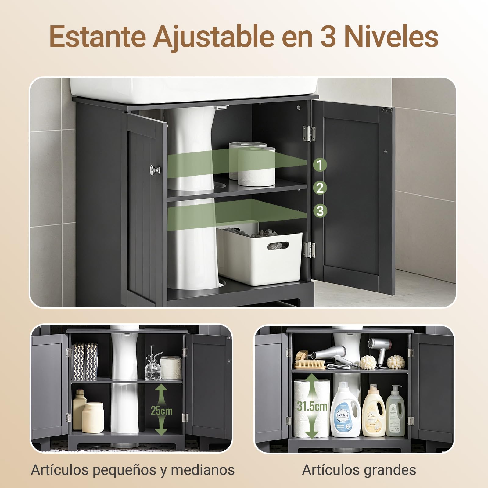 SoBuy Mueble bajo Lavabo con Corte para Sifón 60x29x60 cm Gris Oscuro | Armario Baño con Puertas y Balda Ajustable– Mueble Baño Lavabo Auxiliar en MDF, BZR18-II-DG