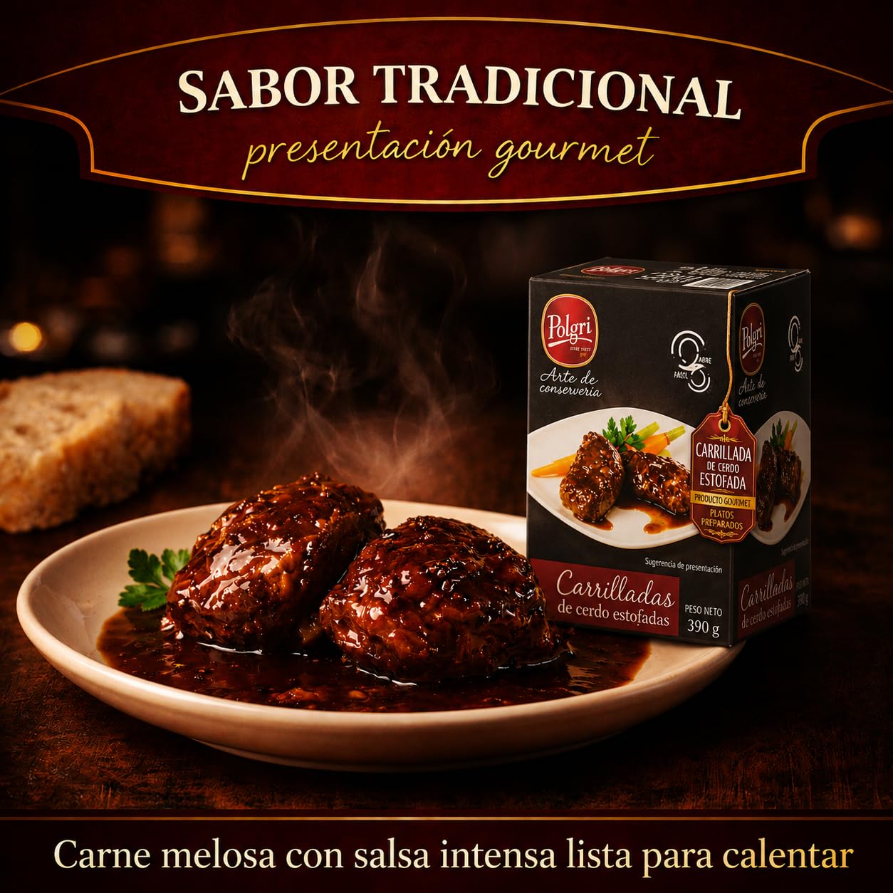 POLGRI Carrilladas de Cerdo Estofadas Conserva Gourmet Lata 390 g x 3 Carne Melosa Lista para Calentar