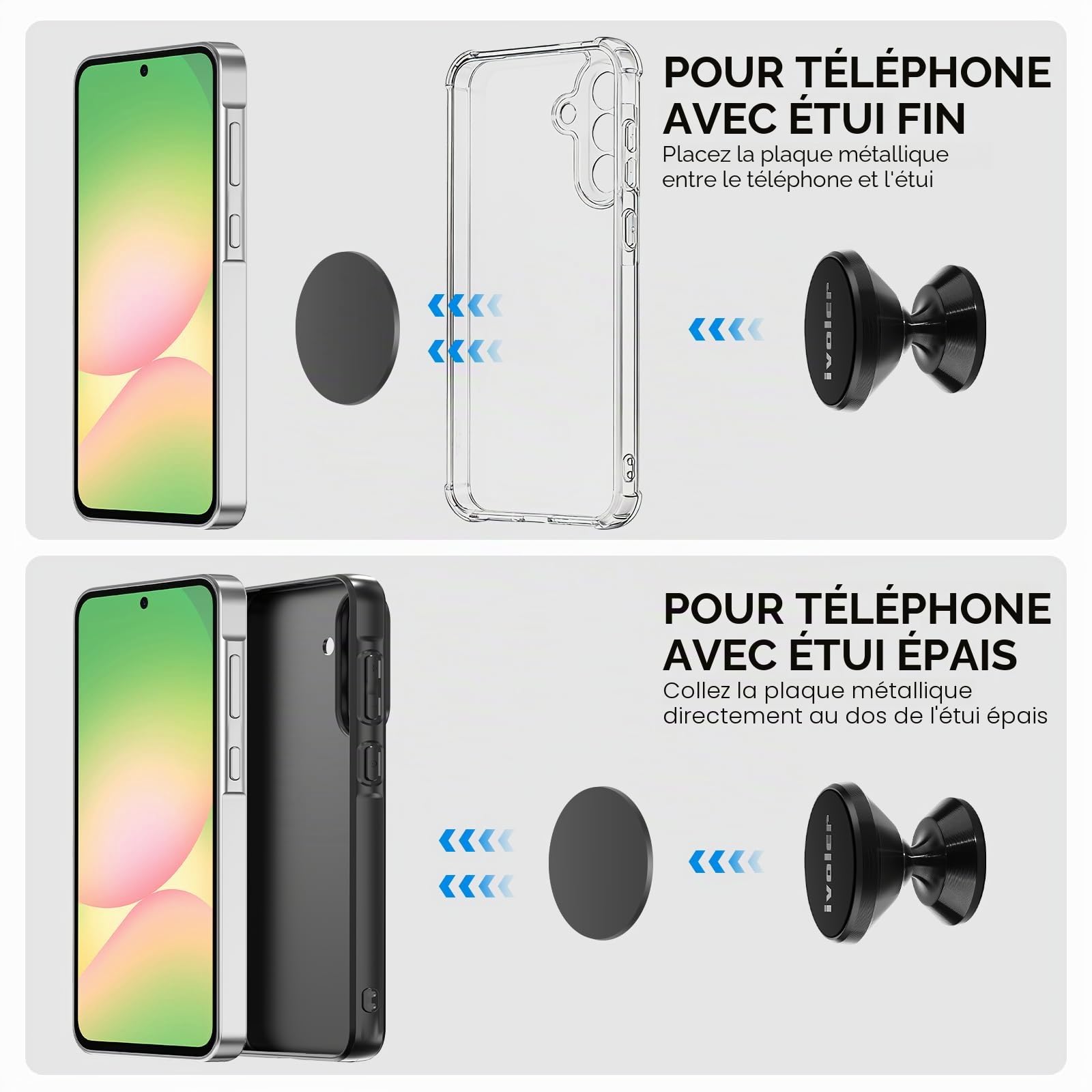 ivoler Support Telephone Voiture, [Lot de 2] Porte Téléphone Voiture Universel 360° Rotation, Magnetique Portable Aimant Adhésif pour Smartphone, Compatible pour Phones ou appareils GPS-Noir