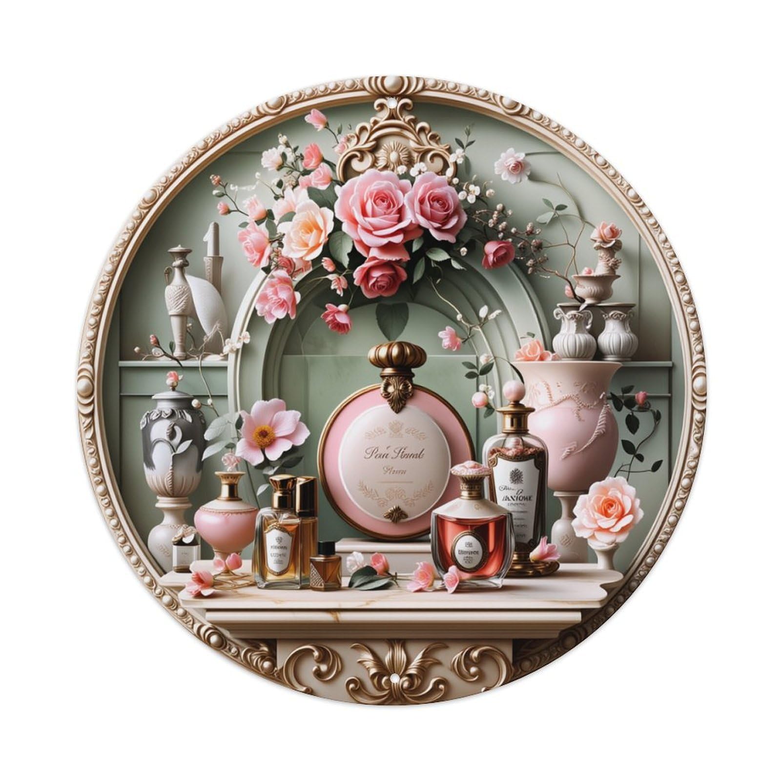 Floral Elegance Perfume Display Round Sign Wall Decor Poster, Home Bar Garage Cafe Kitchen Wall Art Decoration 12X12Inches