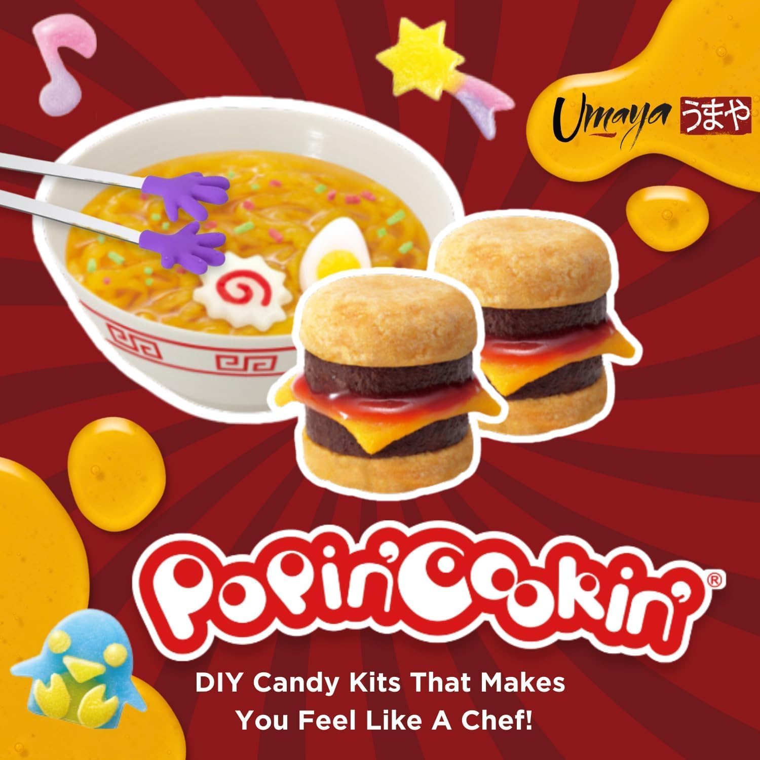 umaya Kracie Popin’ Cookin' Tanoshii Hamburger, Gummy Land, Ramen (3 Pack Variety Bundle with Serving Spoon), Japanese-Inspired Candy Sampler Box, Unique Gift Candy Lovers, Birthdays, and Holidays