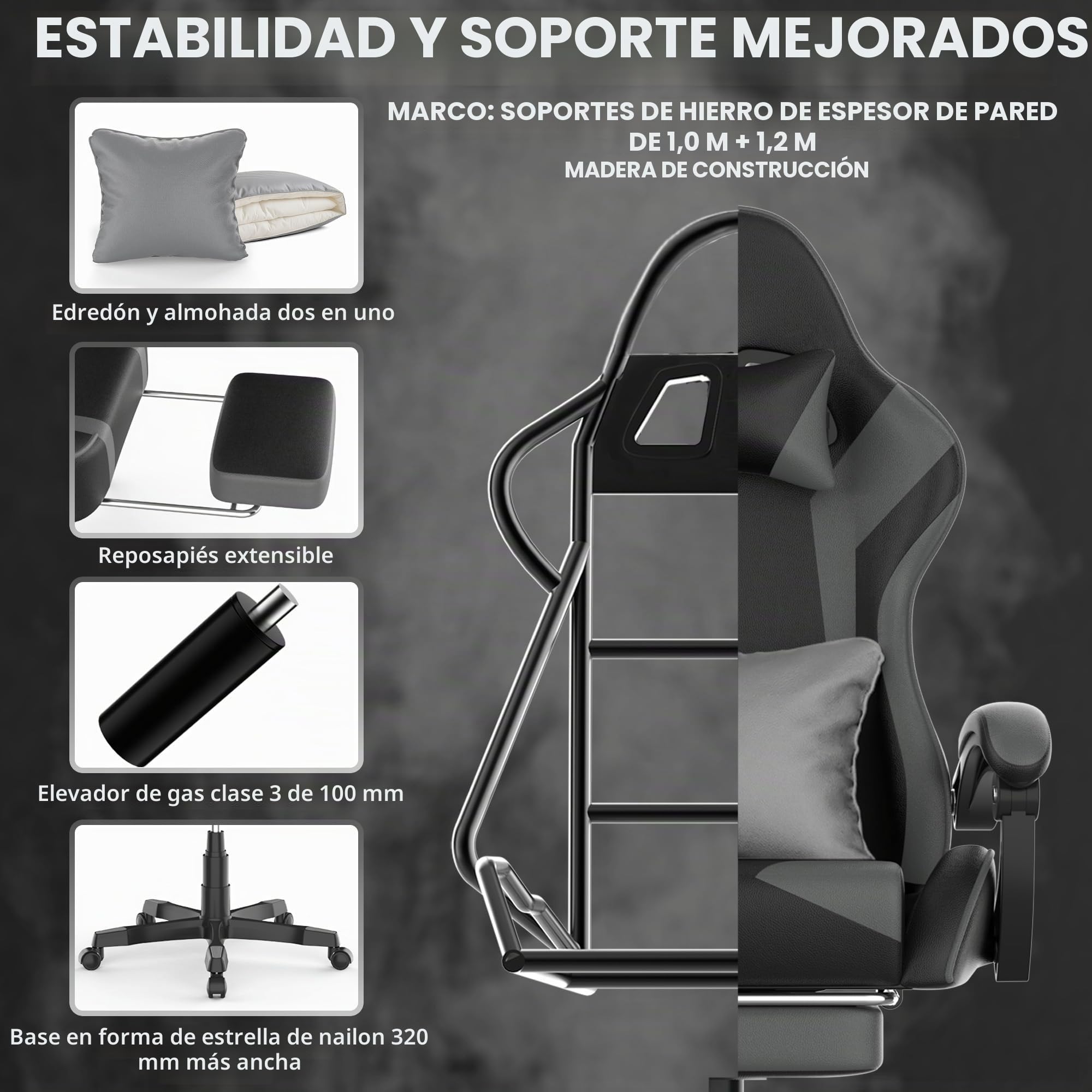 Soontrans Silla Gaming Ergonómica, Silla Gamer con Alfombrilla de Ratón, Reposapiés, Reposacabezas, Cuero sintético, Altura Ajustable, Cadeira Gaming para Escritorio, Juegos Online (Negro grisáceo)