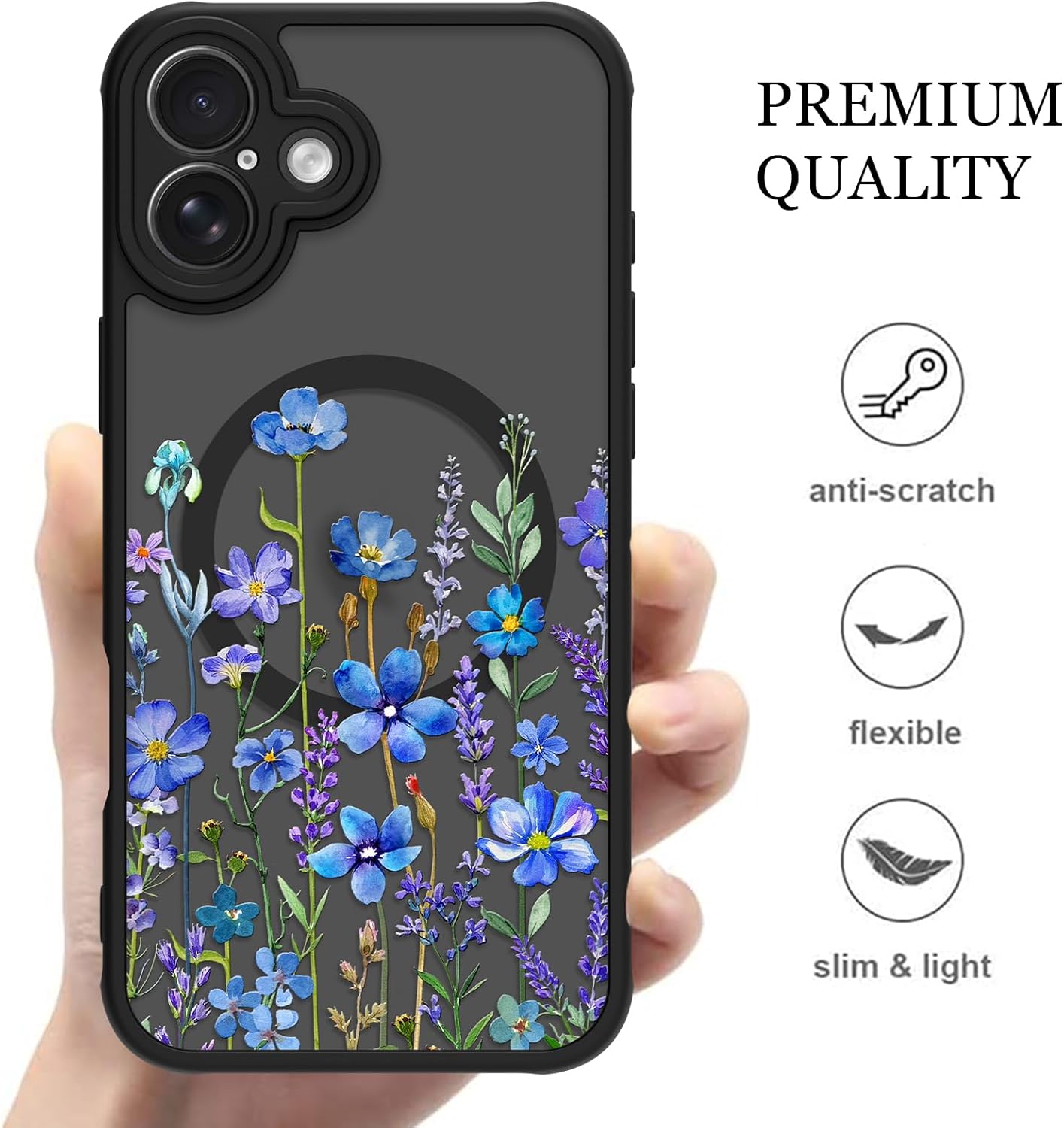 ZIYE Floral Case for iPhone 17 Compatible with Magsafe Cute Blue Flower and Lavender Girls Women Cover Soft TPU Bumper Shockproof Hard Back Protective Phone Case