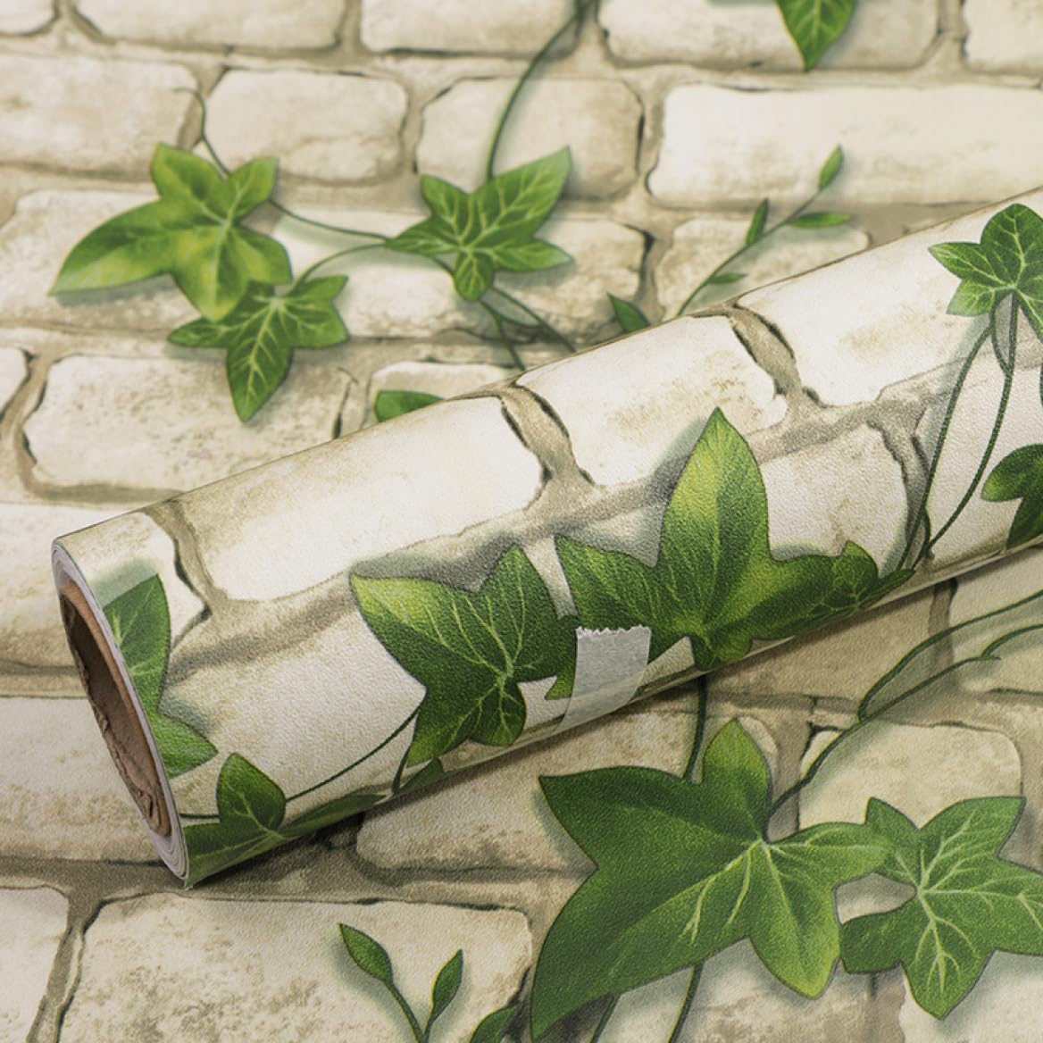 ONE2ONE ENTERPRISES Green Ivy on White Brick 3D Wallpaper, Self Adhesive Peel & Stick Vinyl Wall Covering for Rustic Living Room, Bedroom & Kitchen Walls 16 x 120 Inch