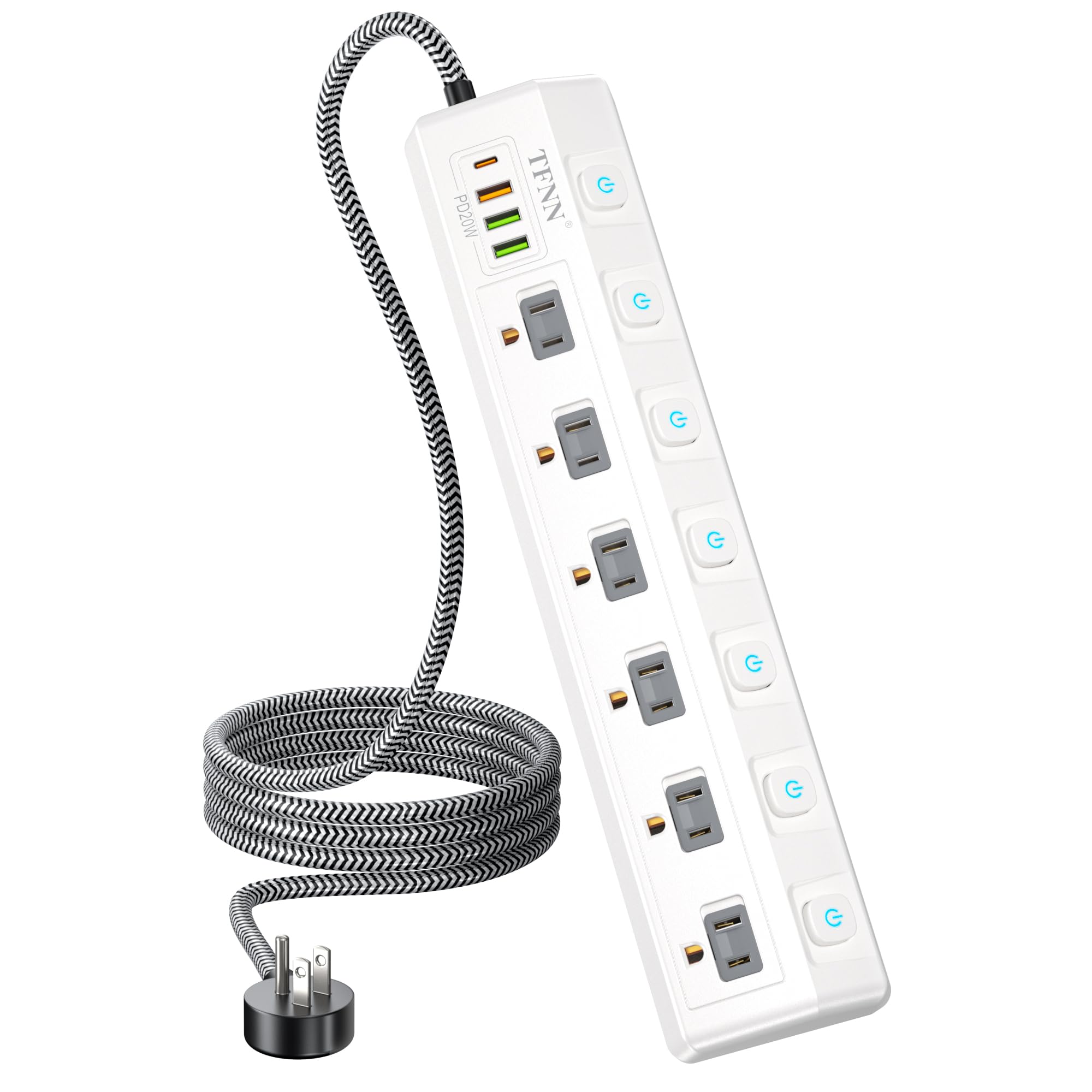Power Strip Individually Switchable 6 Outlets,TFNN Wall Mount 5Ft 1875W Extension Cord with Multiple Outlets,USB-C(PD 20W) 3USB-A(QC20W*1,5V3A*2) Overload Protection Heavy Duty Desk Charging Station