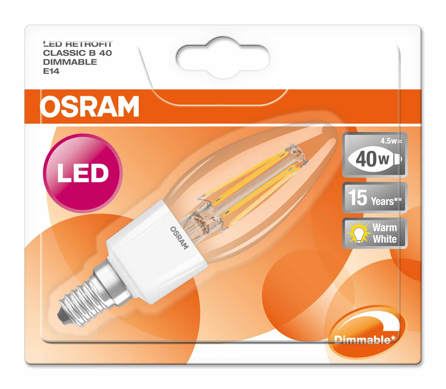 OSRAM Lampa LED | Trzonek: E14 | Ciepły biały | 2700 K | 5 W | przezroczysta | LED Retrofit CLASSIC B DIM [Klasa efektywności energetycznej A+] | 6 sztuki