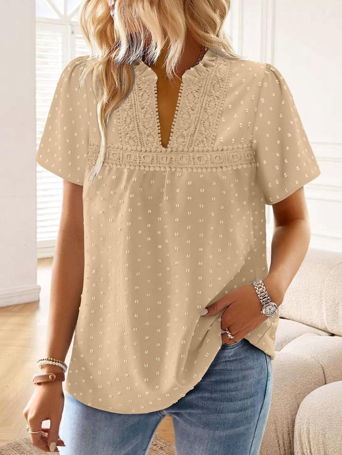 ONLYSHE Boho Tops for Women Short Sleeve Shirts Vneck Ruffle Flowy Womens Blouses Dressy Casual Lace Hem Clothing S-3XL - Image 4