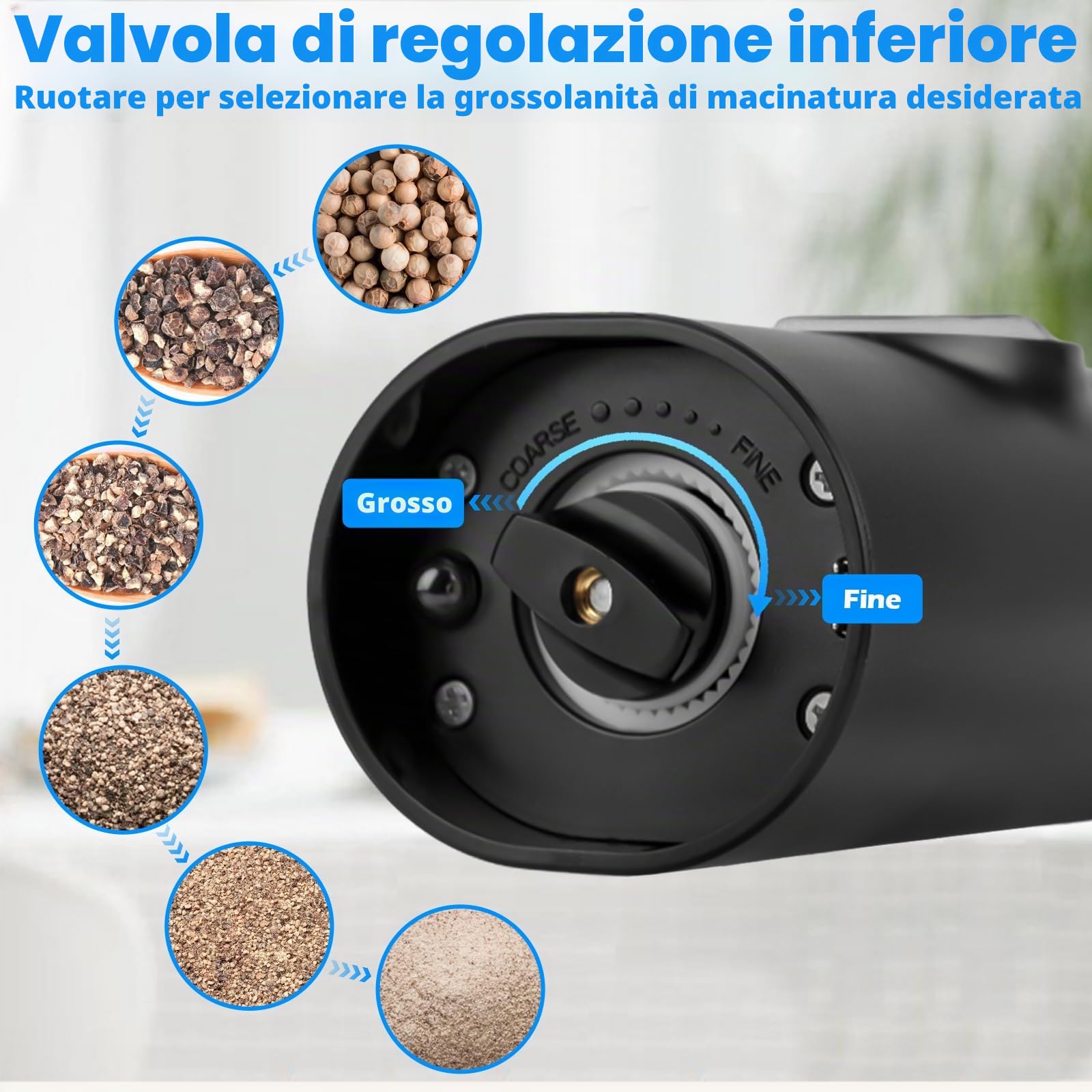 Set di 2 macinasali e pepe elettrico con base ricaricabile, doppia stazione di ricarica, spazzola, luce LED, macinazione automatica per barbecue, ristorante cucina