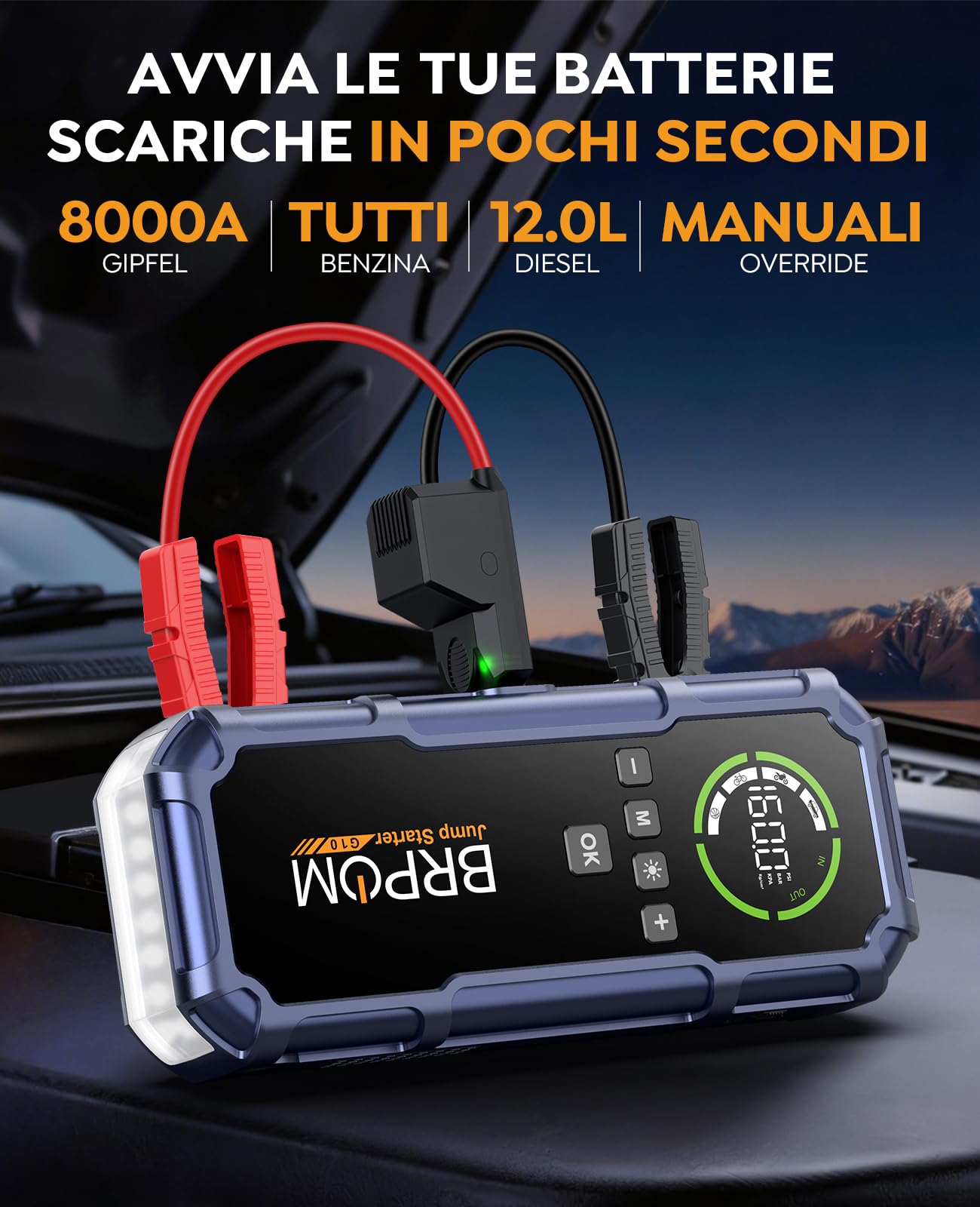 BRPOM Booster Avviamento Auto 8000A con Compressore 160 PSI, Jump Starter 12V, Avviatore Batteria Auto (Tutti i Motori a Benzina, Diesel fino a 12 L), Torcia LED 600 Lumen e USB-C（Dark purple）