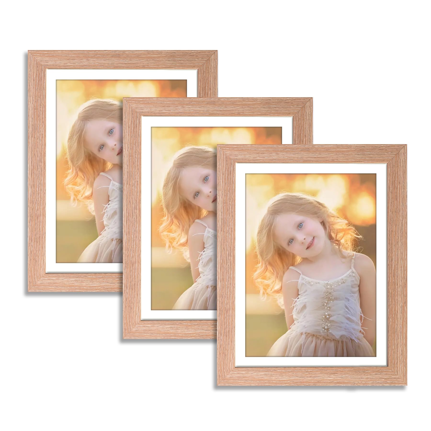YK artwood 5x7 Picture Frame Set of 3 Pine Color,Made of Solid Wood 4x6 with Mat or 5x7 without Mat, Photo Frame for Wall or Tabletop Display
