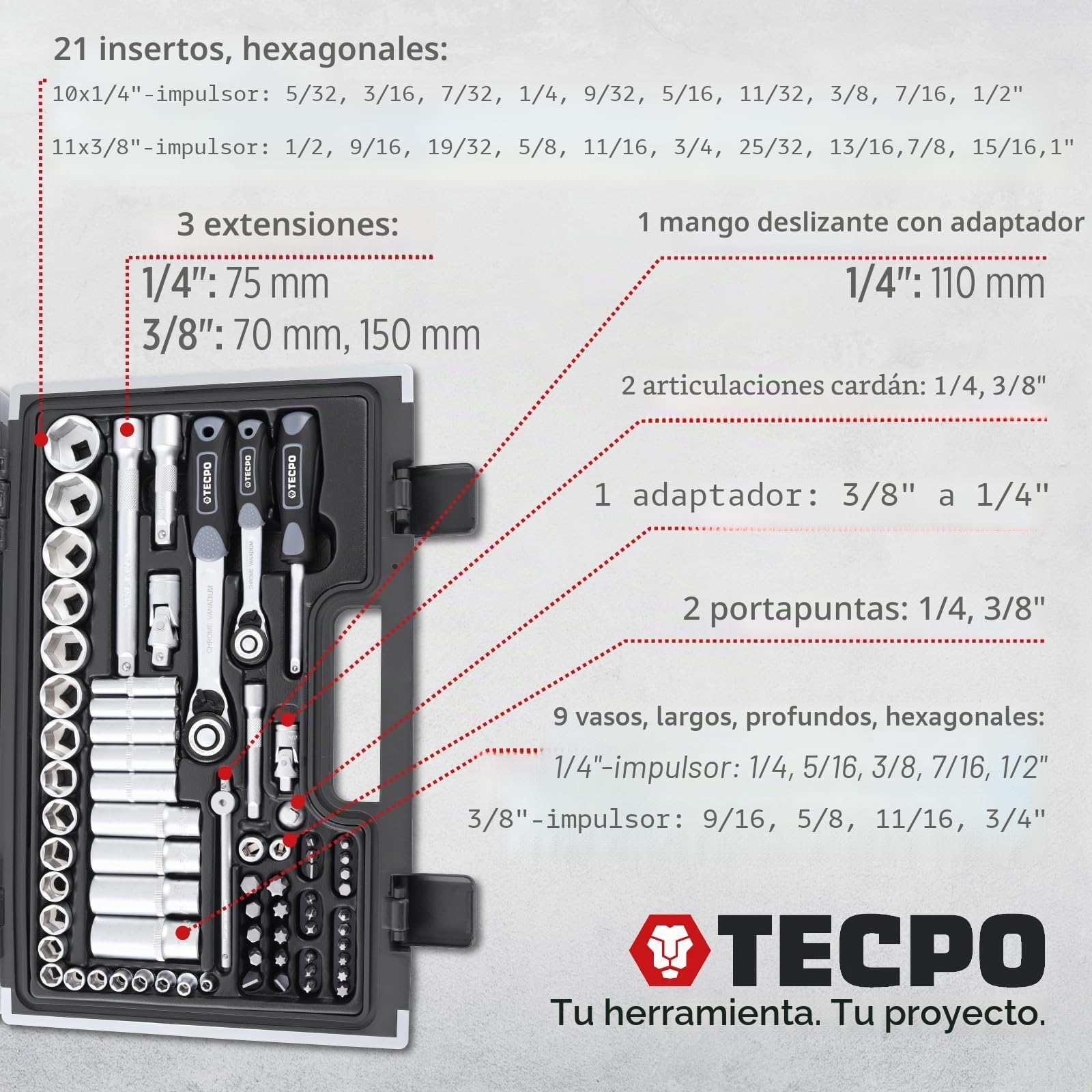 TECPO Juego de llaves de vaso Harley de pulgadas, tamaños de tuerca, caja de carraca, caja de carraca