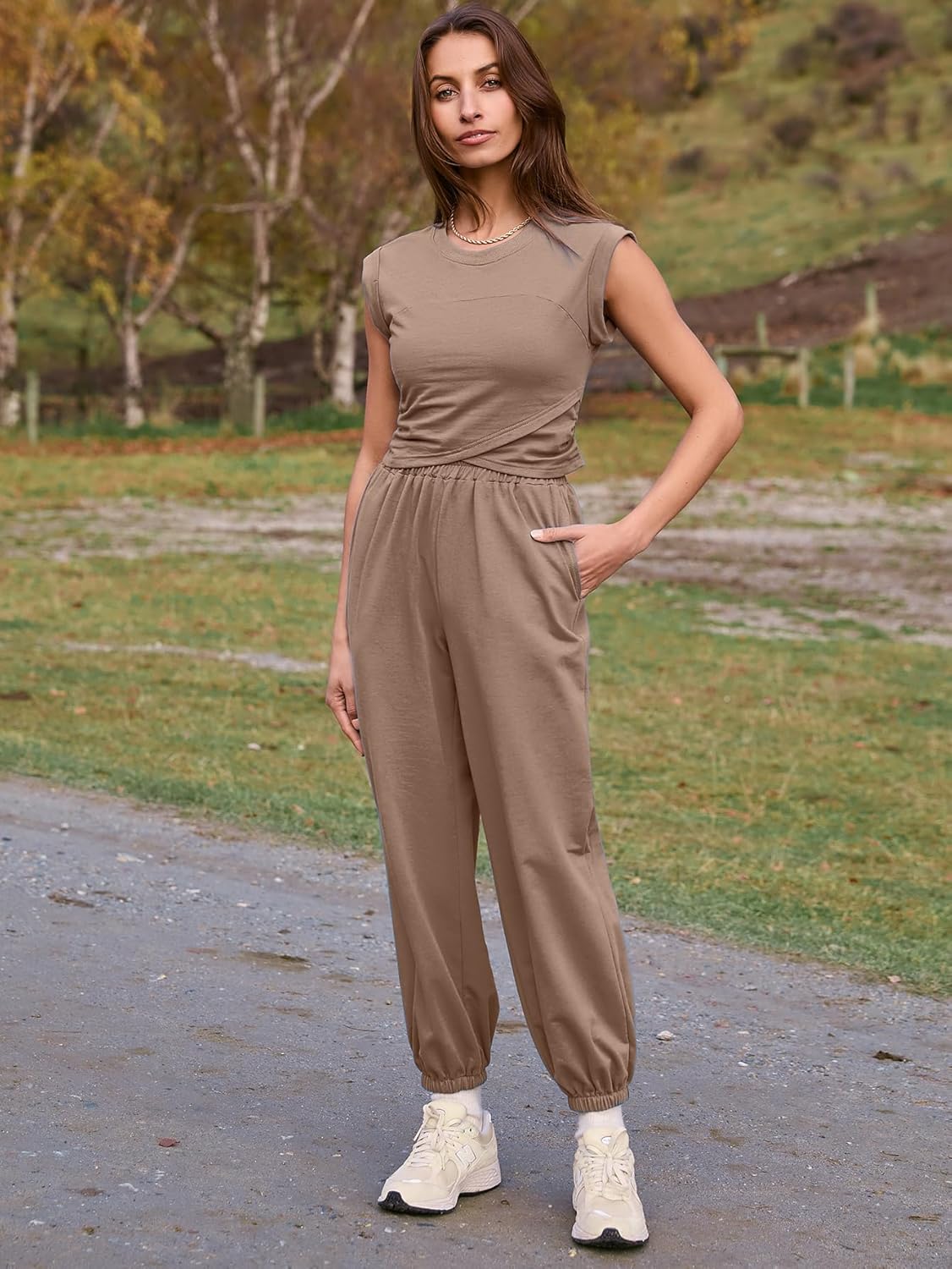 Glamaker Women's Two Piece Athletic Sets Casual Workout Sleeveless Cropped Tops High Sweatpants Joggers Tracksuits - Image 7