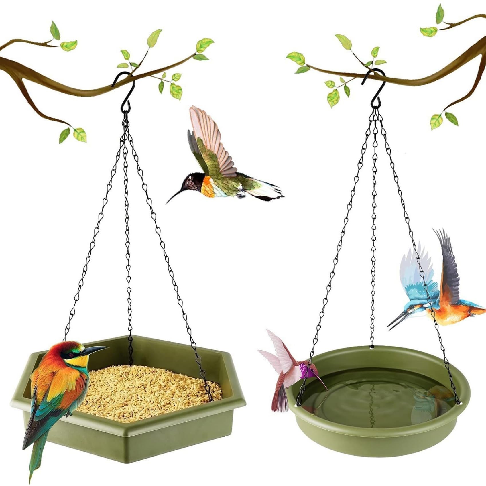 Comedero Colgante para pájaros de 1600 ml para Exteriores con Bebedero, 2 en 1, comedero para jardín, Color Verde.