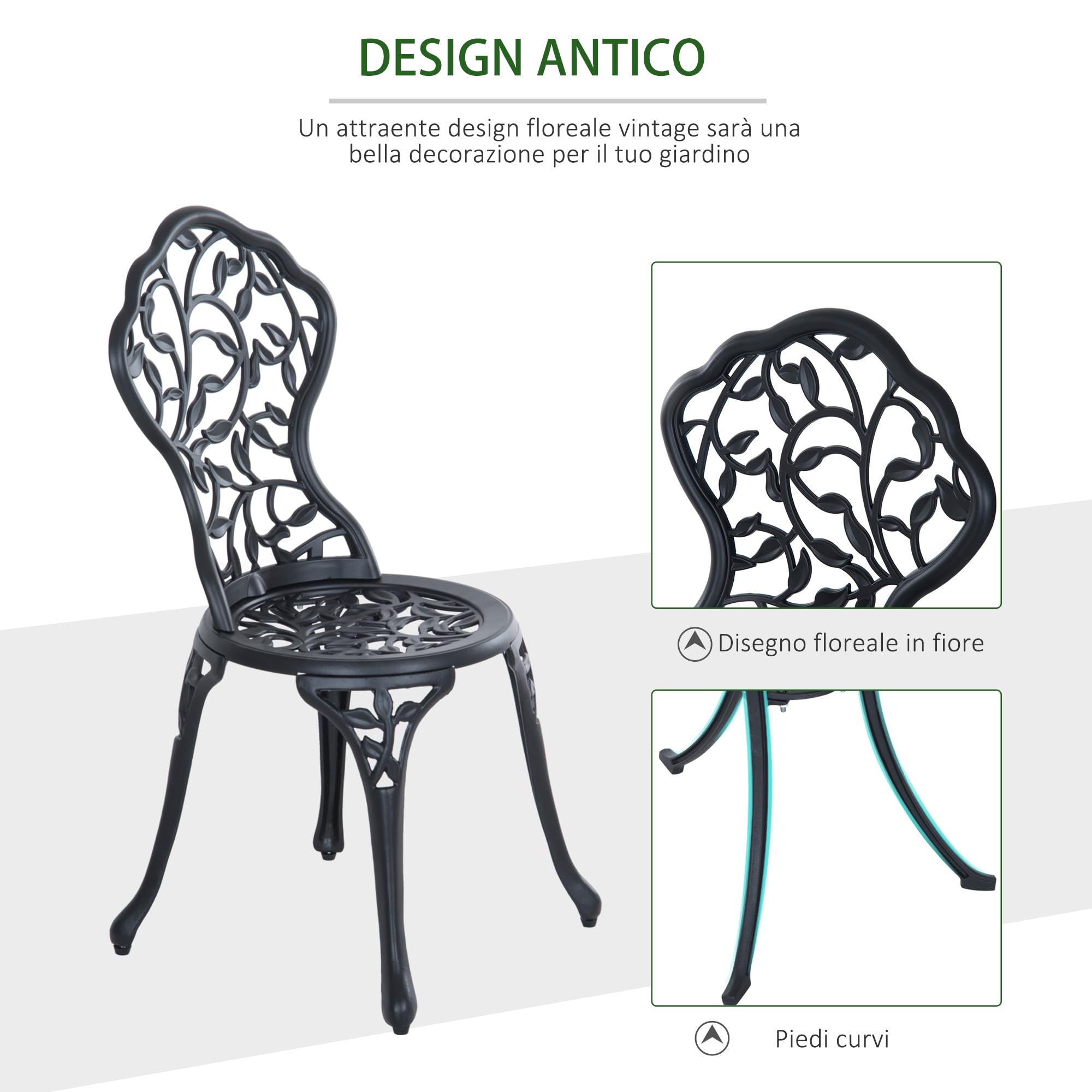 Outsunny Set Bistrò 3 Pezzi con 2 Sedie da Giardino e Tavolino Rotondo, Set Tavolo e Sedie da Giardino in Alluminio, per Patio, Cortile, Esterno, Nero