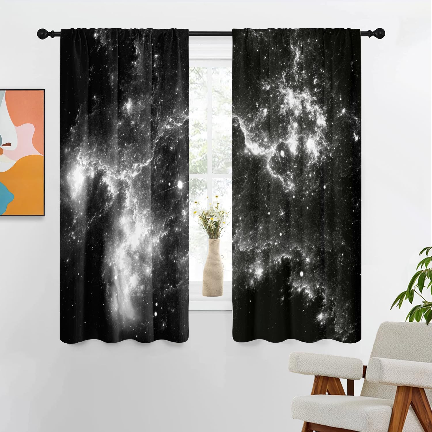Purple Galaxy Curtains 42" W x 63" L Space Star Outer Black Universe Planets Nebula Starry Sky Fantasy Darking Cool Kids Boys Design Living Room Bedroom Window Drapes Treatment Fabric 1 Pair