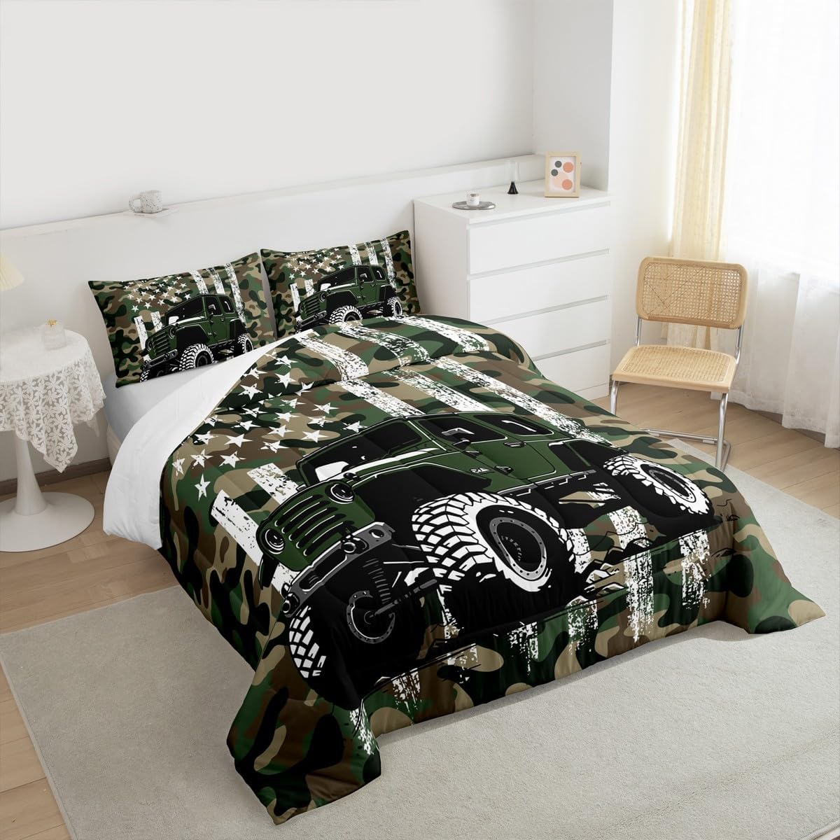Manfei オフロード車両子供用掛け布団セット フルサイズ、グリーンレースカー スポーツ アドベンチャー 羽毛布団セット 寝室装飾