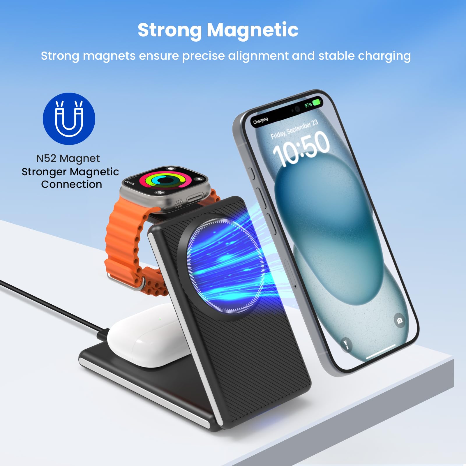 CIYOYO 3 in 1 Stazione di ricarica a induzione magnetica pieghevole per iPhone 16/15/14/13/12, per Apple Watch 10/9/8/7/6/SE/5/4/3/2, caricatore wireless compatibile con AirPods Pro/4/3/2