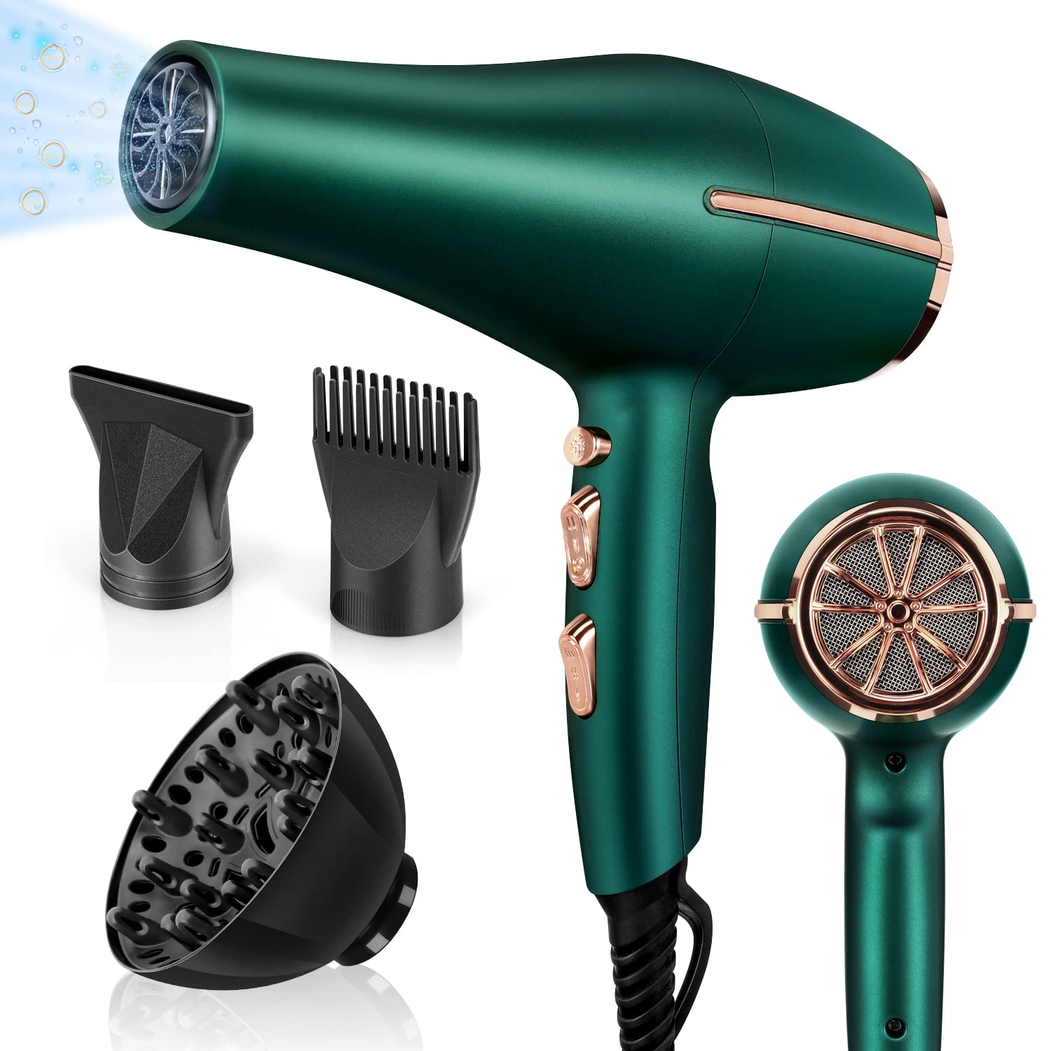 2000 Watt Negative Ionic Hair Dryer, ARDIRO Professional Salon Blow Dryer, Low Noise Fast Drying & Powerful AC Motor and Diffuser Comb for Men Women, Cool Hot Button,3 Heat & 2 Speed Settings- Green