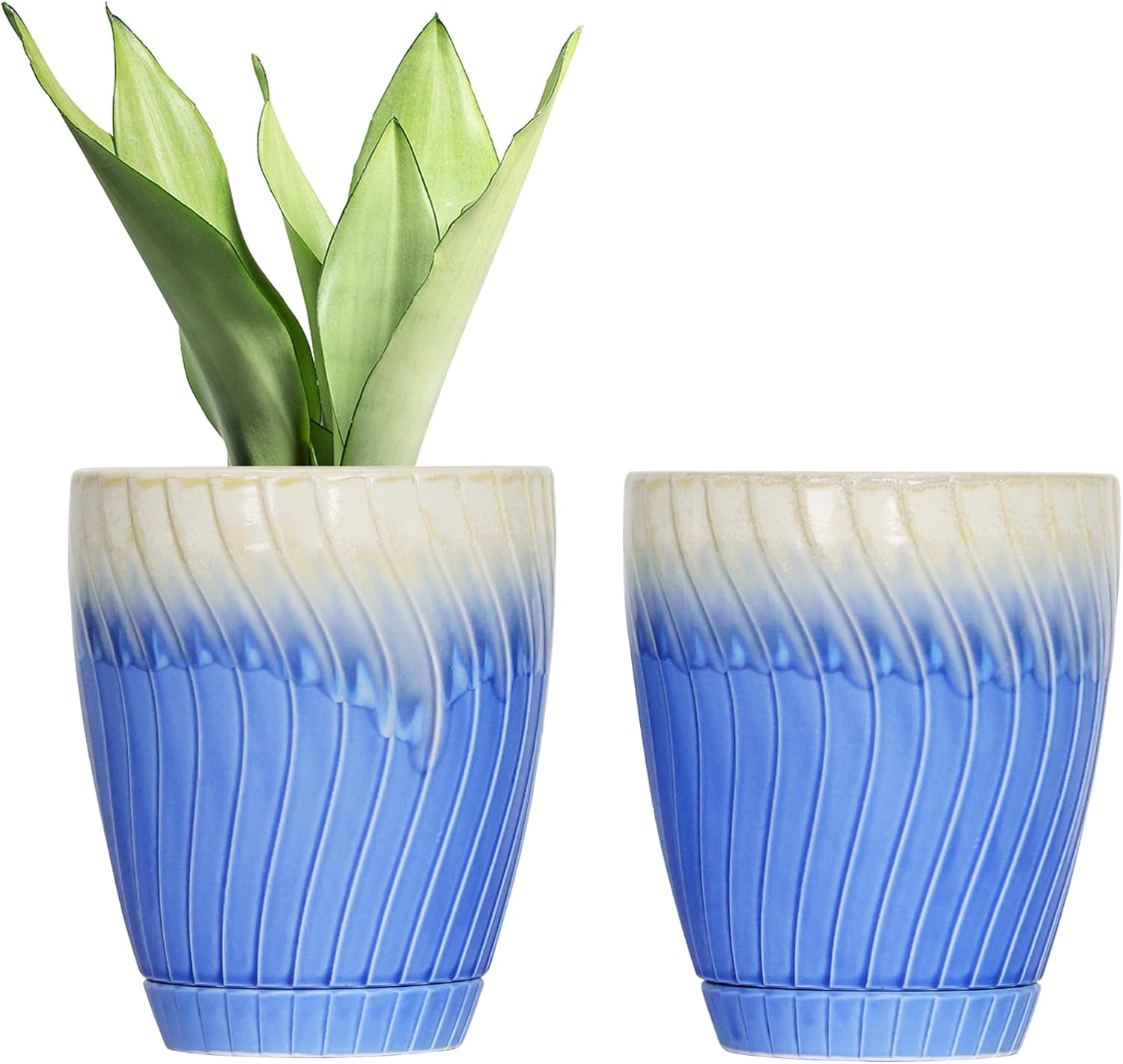 6 Inch Ceramic Planter Set of 2 with Drainage Hole and Saucer for Plants, Plant Pots Indoor Flower Pots for Outdoor Planters Ideal for Stocking Fillers or Holiday Home Decor (Cream Blue)