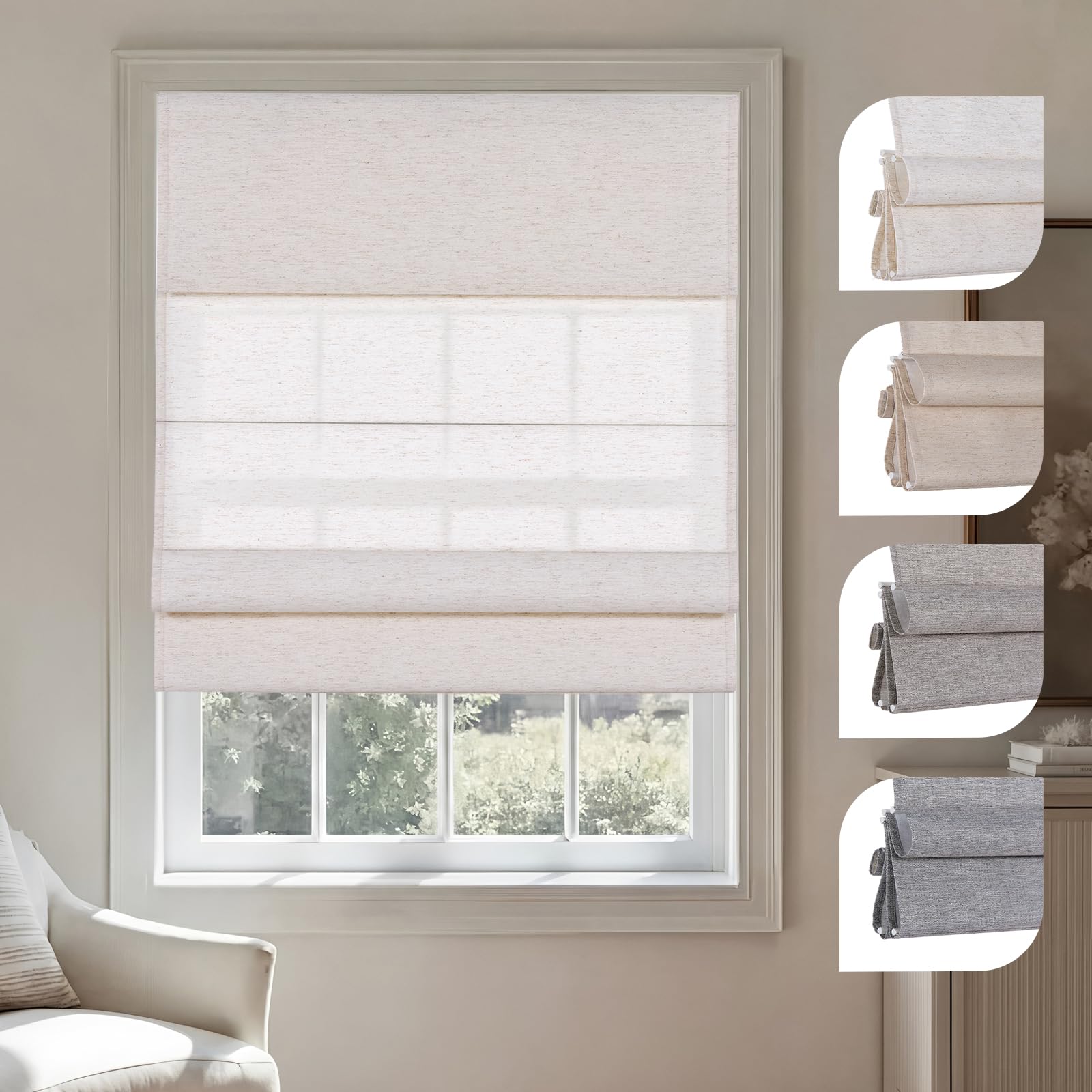 Photo 1 of ***STOCK PHOTO FOR REFERENCE ONLY***Persilux Light Filtering Roman Shades for Indoor Windows Cordless,Pull Down Linen Fabric Roman Blinds,Privacy Window Shades for Door,Bedroom,Office,Easy to Install,Light Filtering-Cream,Custom Size