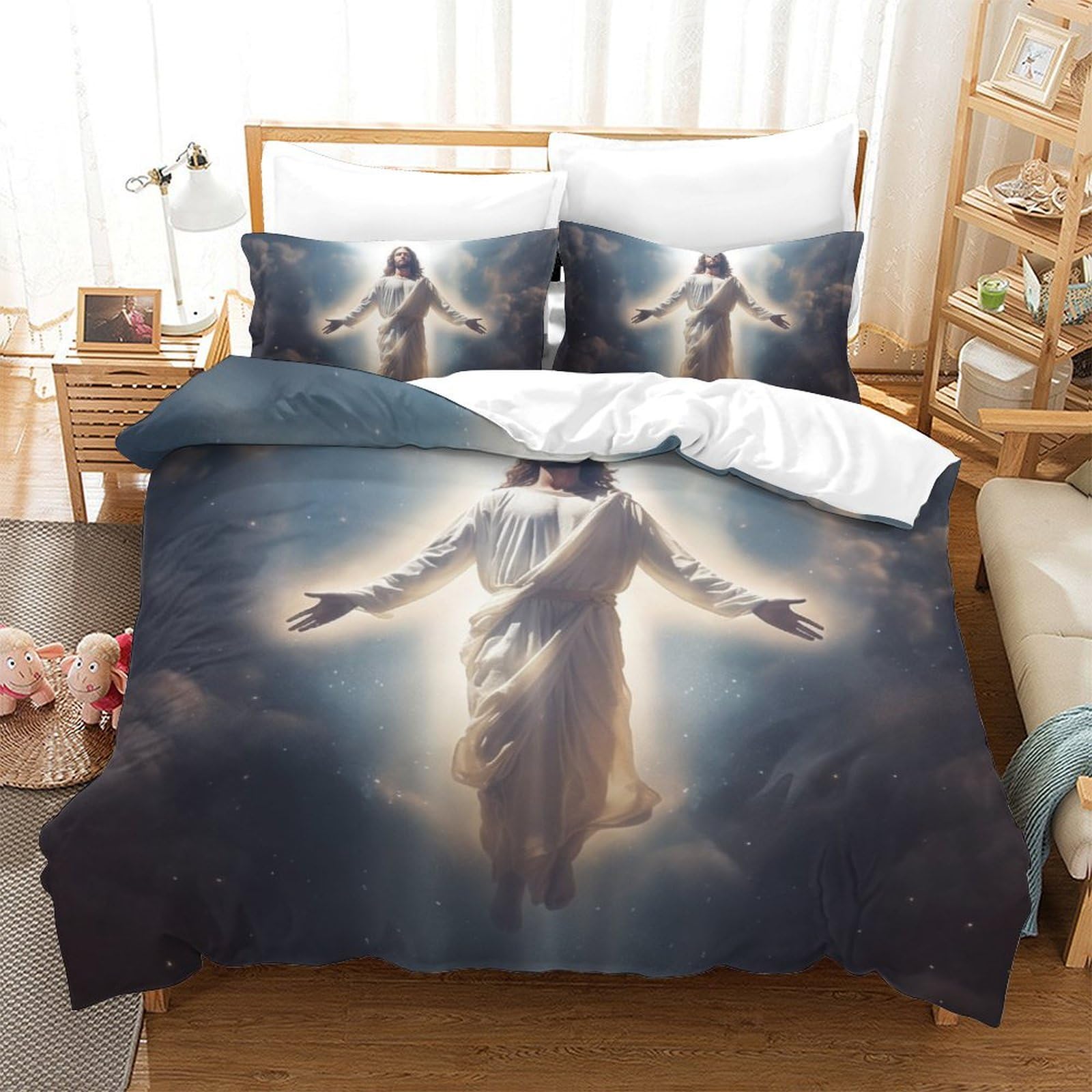 Housse de couette Jésus 200x200cm en microfibre respirante avec taies