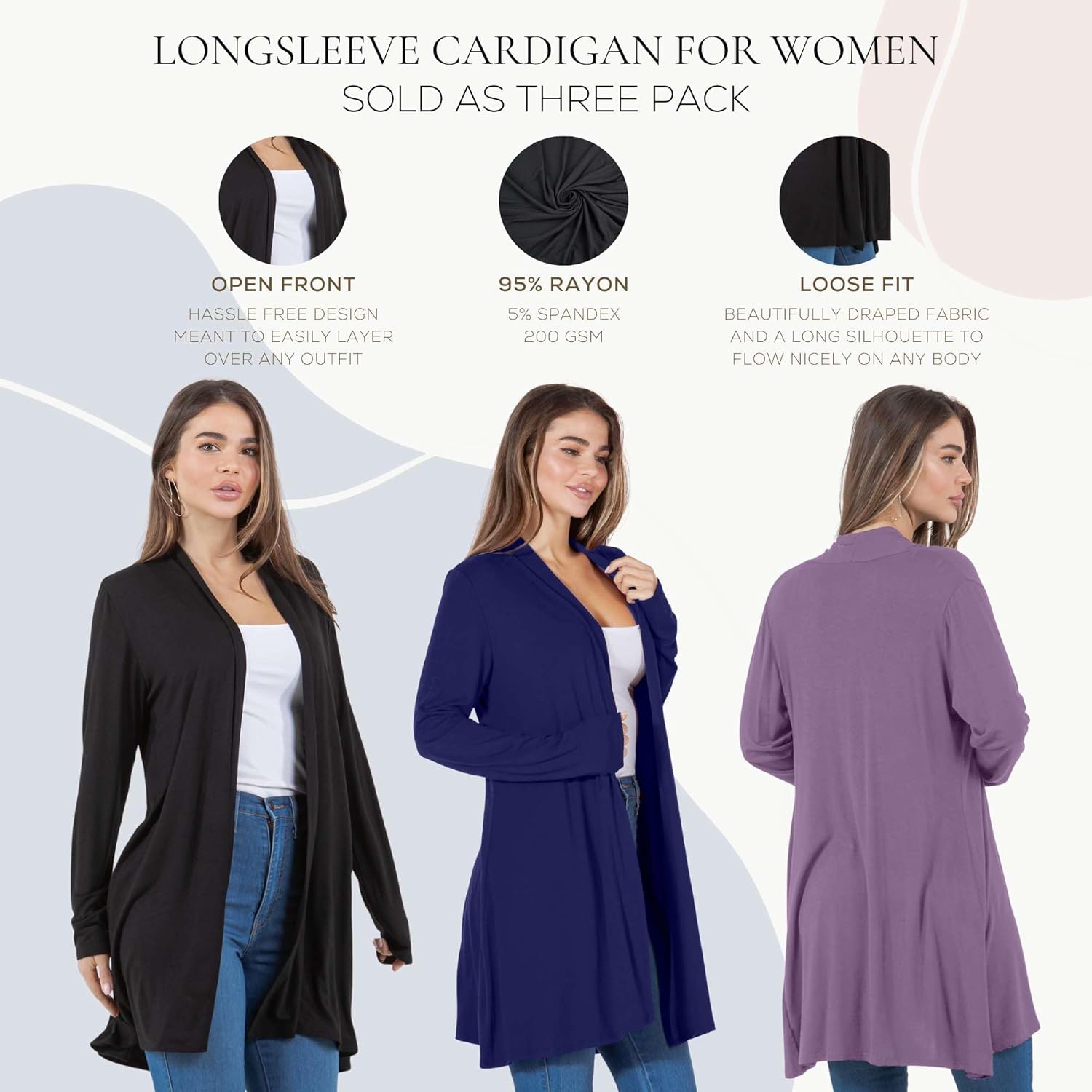 Azules 3 Pack Lightweight Cardigan for Women – Long Sleeve Open Front Longer Length & Flowy Rayon Casual for Everyday Wear