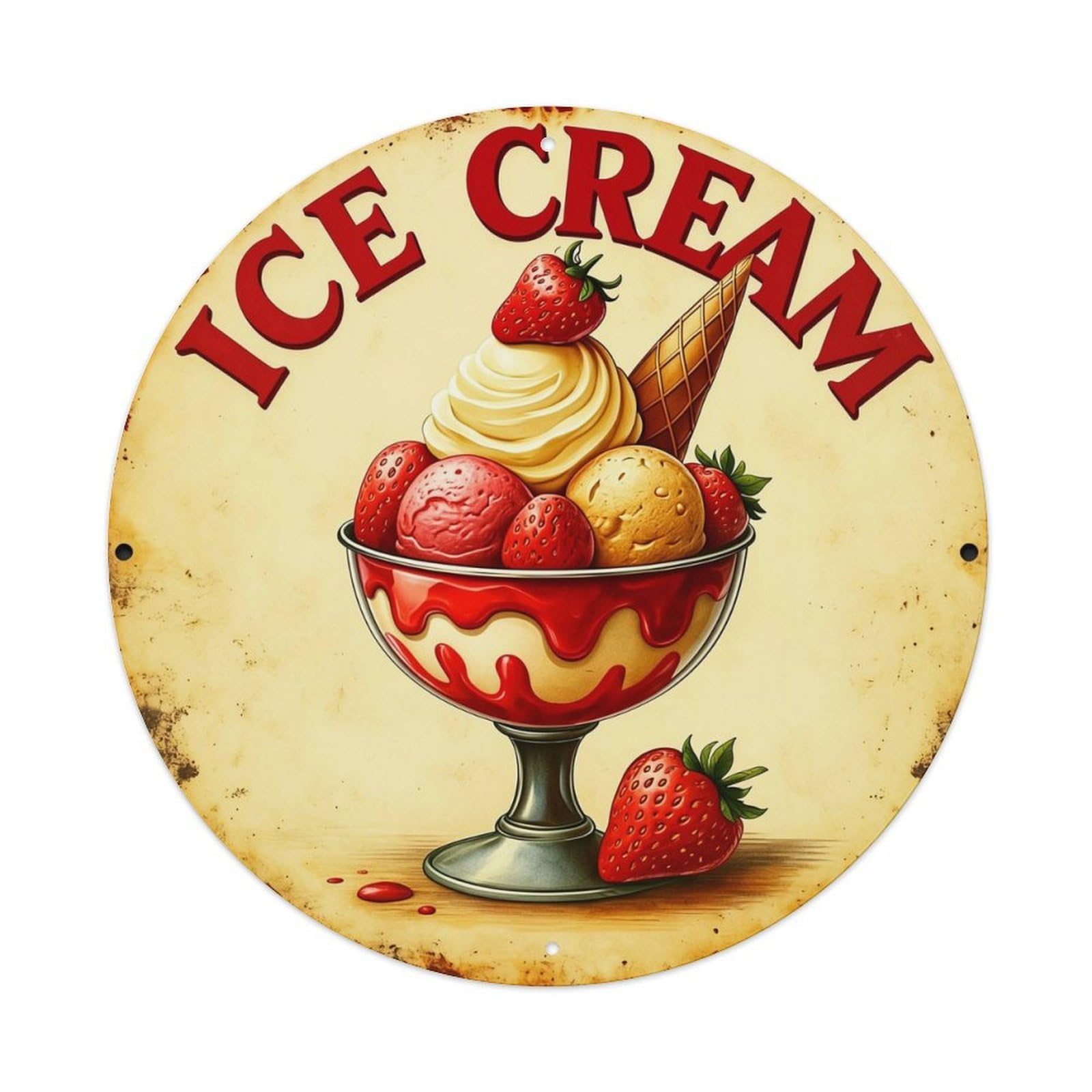 Ice Cream Bowl Strawberry Cone Tin Sign Metal Poster Vintage Metal Signs for Home Man Cave Bar Cafe Kitchen laundry room Wall Decorations Gift 8x8Inch