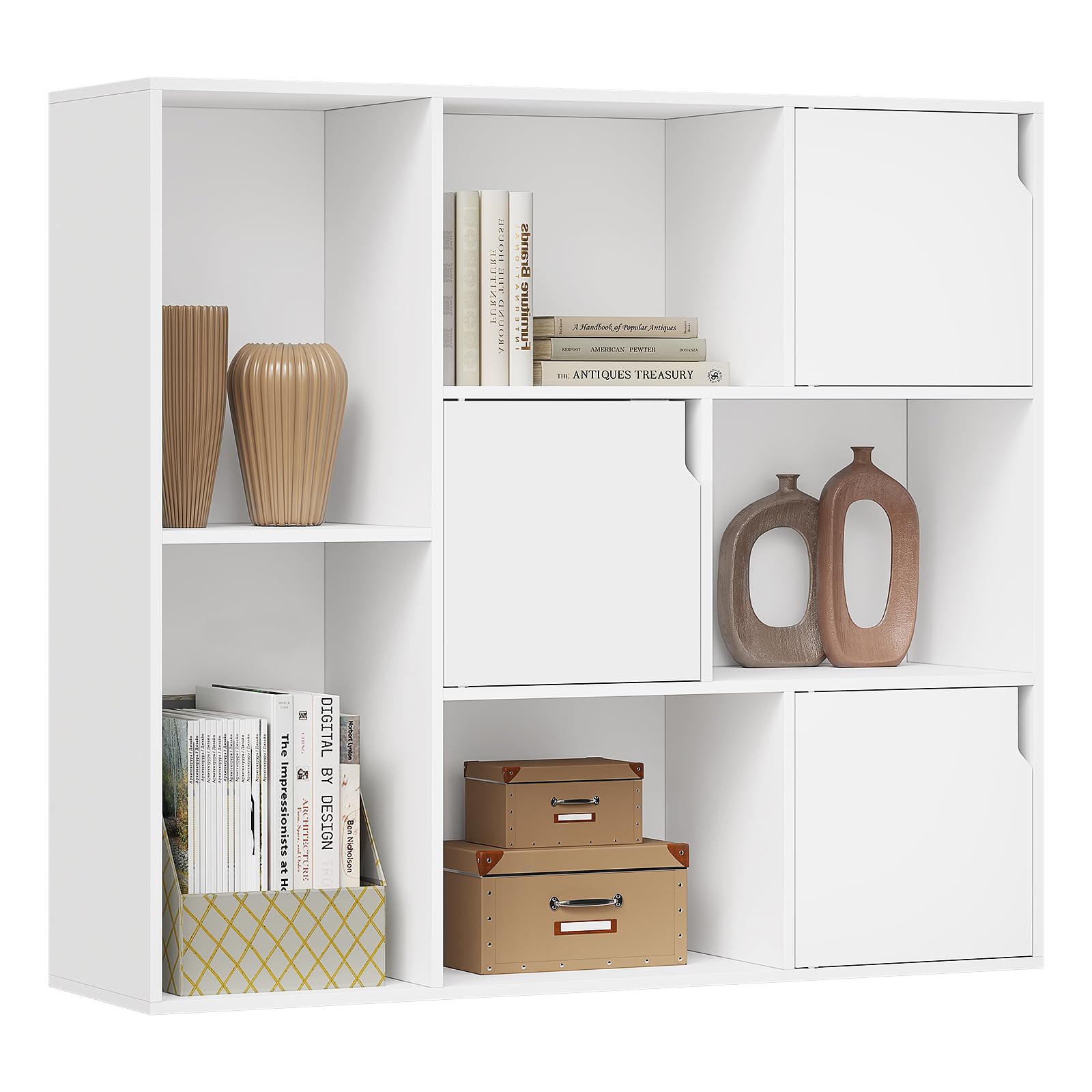 WOLTU Estantería de 8 Cubos, Librería de 3 Niveles con 3 Puertas, Estantería Separador de Ambientes, Mueble de Almacenamiento para Salón, Dormitorio, Pasillo, Oficina en Casa, Blanco, SK056ws