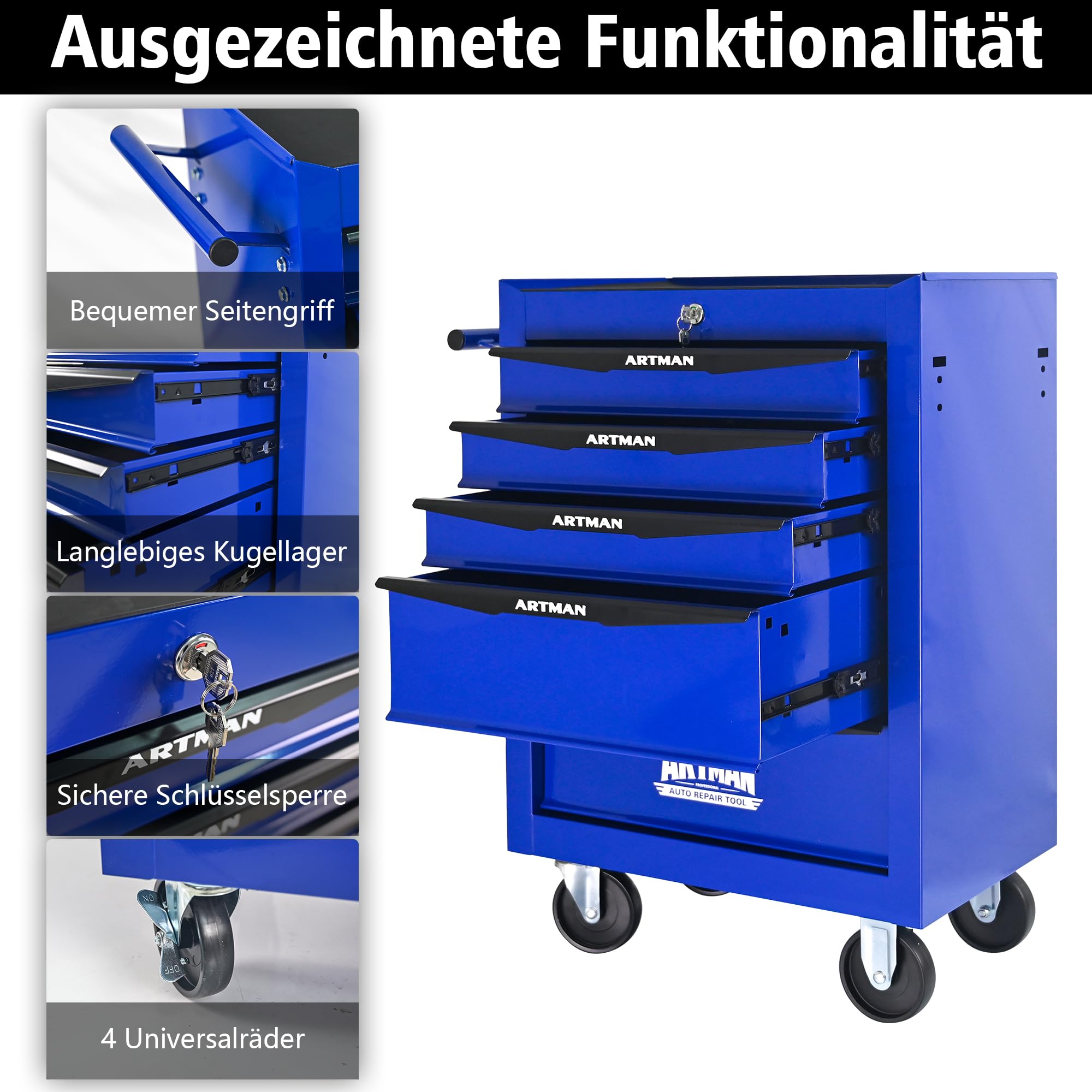 Generisch Robusto carrello portautensili con 5 cassetti con cuscinetti a sfera e 4 ruote girevoli, in acciaio, per garage e officina, colore nero/blu