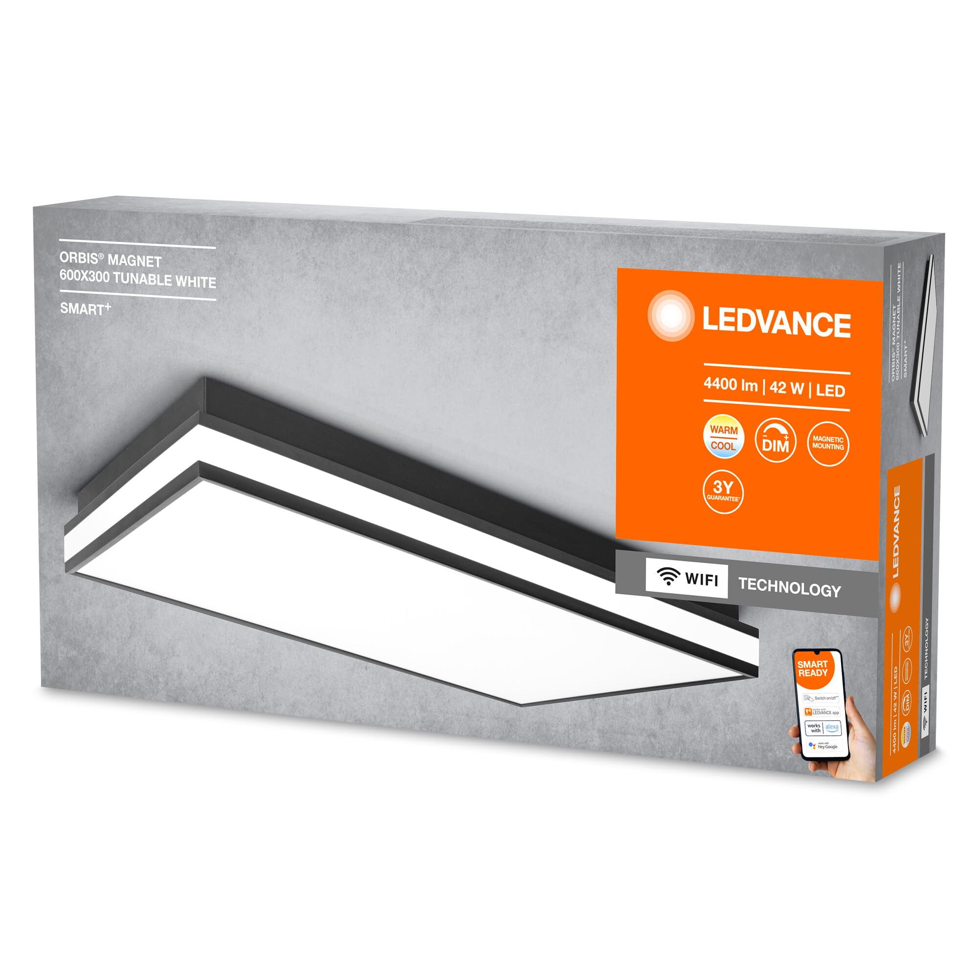 LEDVANCE ORBIS MAGNET SMART+ Wi-Fi 60x30cm, dimmbare LED Deckenleuchte für den Innenbereich, 42W, Farbtemperatur 3000-6500K, 4200 Lumen, Design-Lampe mit innovativem Magnetrahmen, schwarz