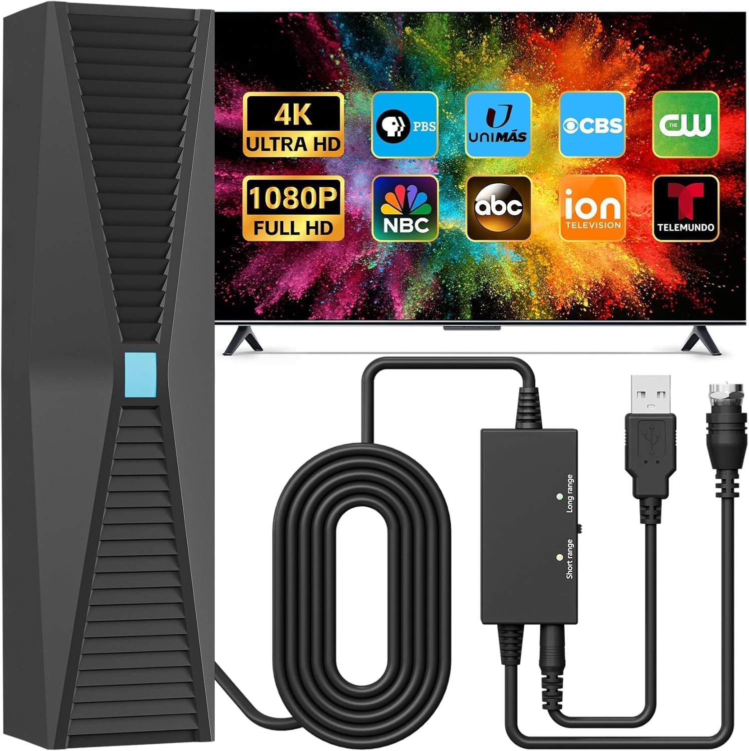 Antena de TV para televisores inteligentes y antiguos, más de 2500 millas de alcance más fuerte, antena de TV digital HD para interiores, compatible con 4K 1080P VHF UHF, recepción de largo alcance de