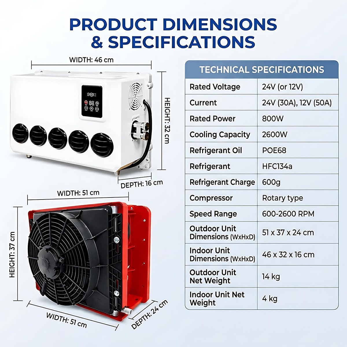 12V Condizionatore d'Aria Universale per Camion,12000 BTU, Raffreddamento rapido, Silenzioso, Protezione Bassa Tensione, compressore rotativo. per RV, Camper, rimorchi, Camion, escavatori. 24V